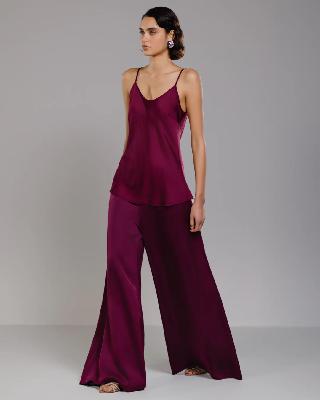 Helena Elastic Waist Satin Trousers | Burgundy - Image 2