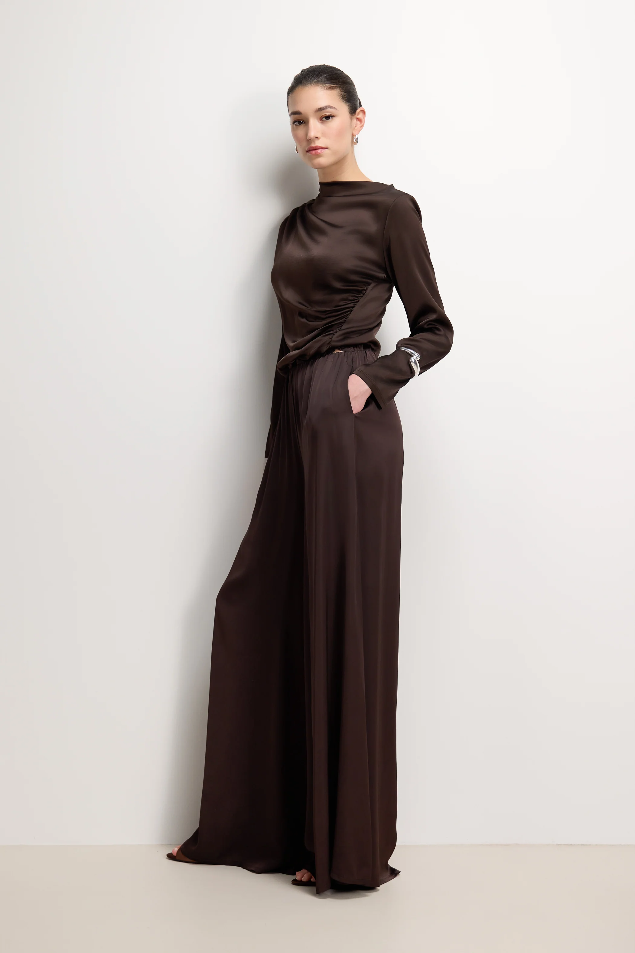 Helena Elastic Waist Satin Trousers | Espresso Brown - Image 2