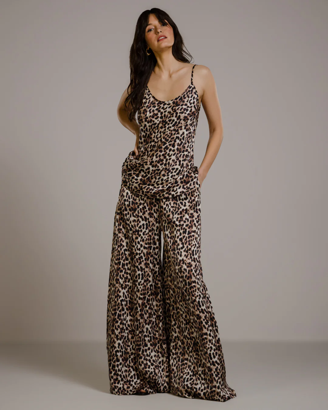Helena Elastic Waist Satin Trousers | Leopard Brown - Image 2
