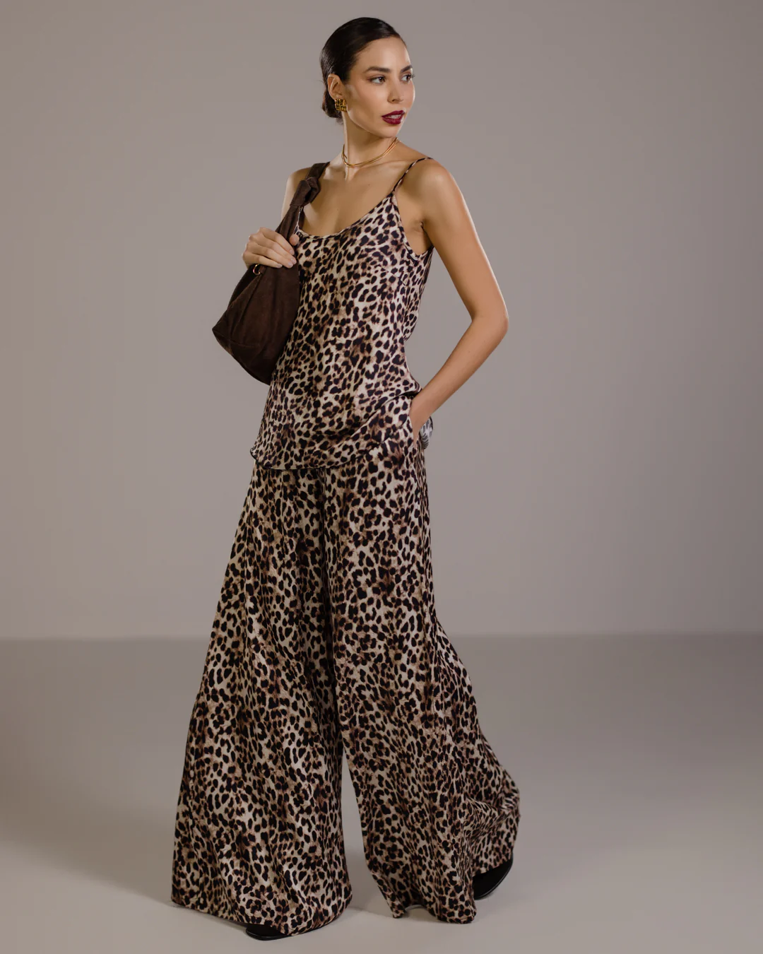 Helena Elastic Waist Satin Trousers | Leopard Brown - Image 4