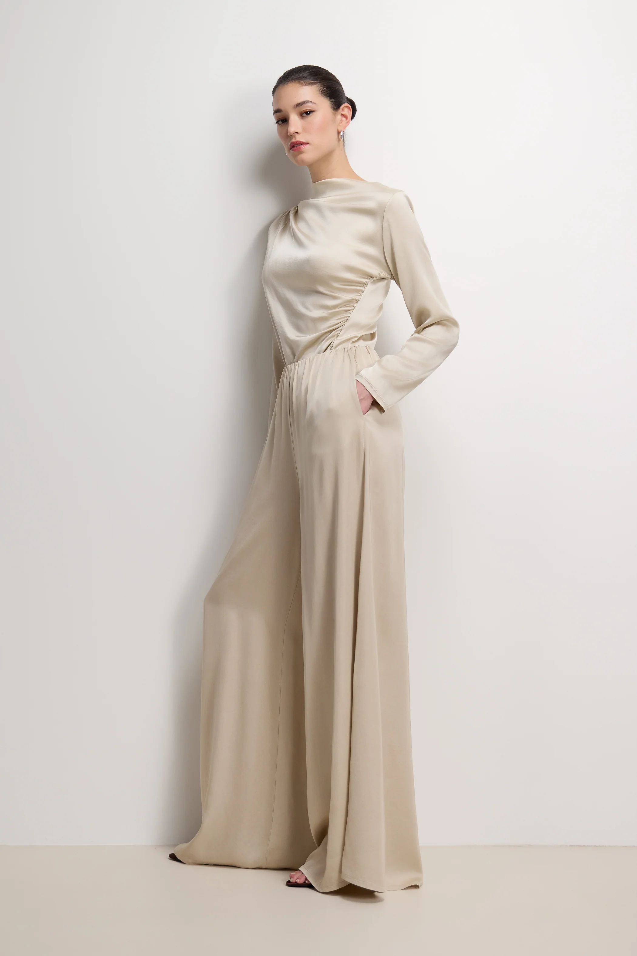 Helena Elastic Waist Satin Trousers | Light Beige - Image 2