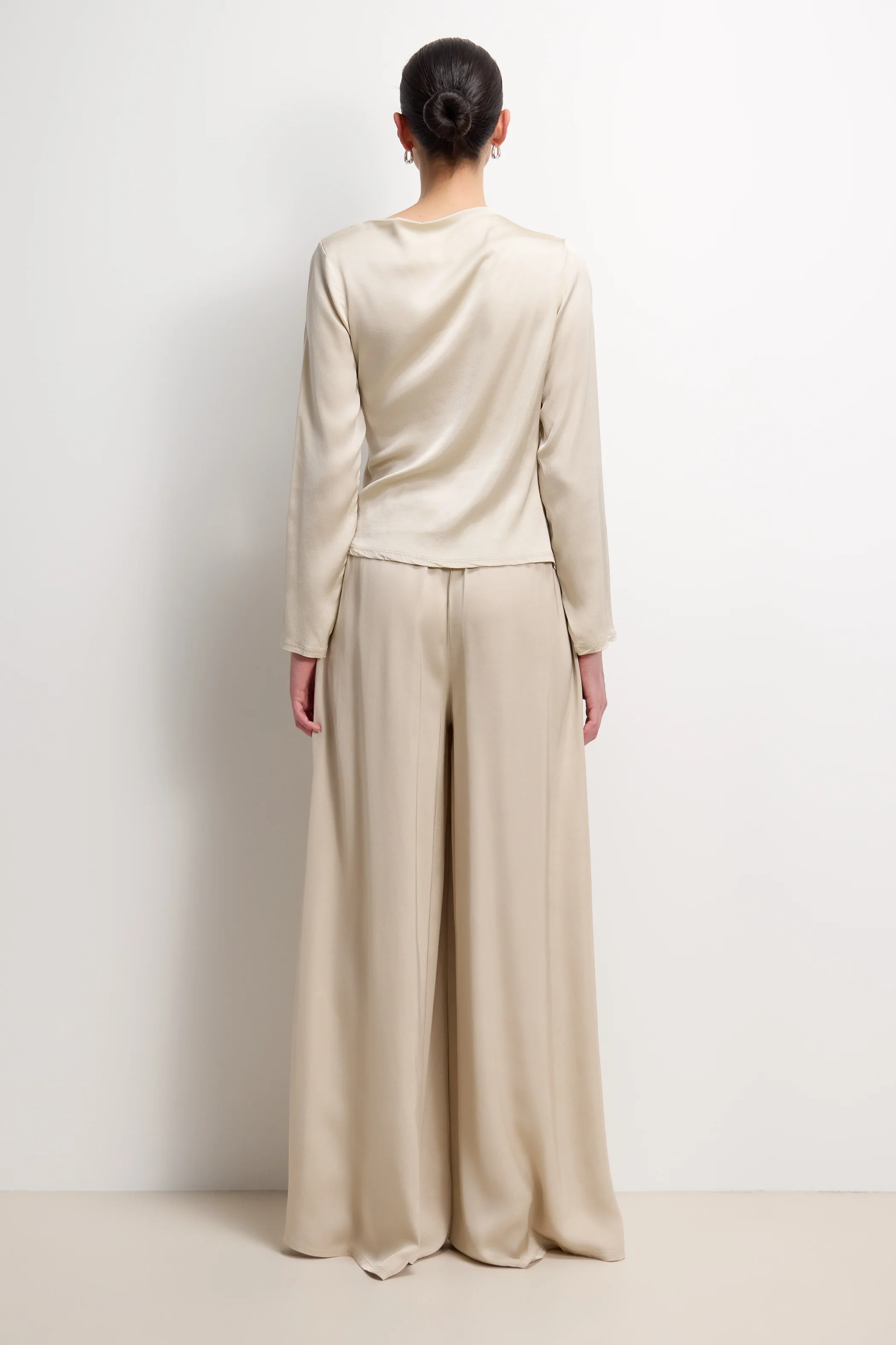 Helena Elastic Waist Satin Trousers | Light Beige - Image 3