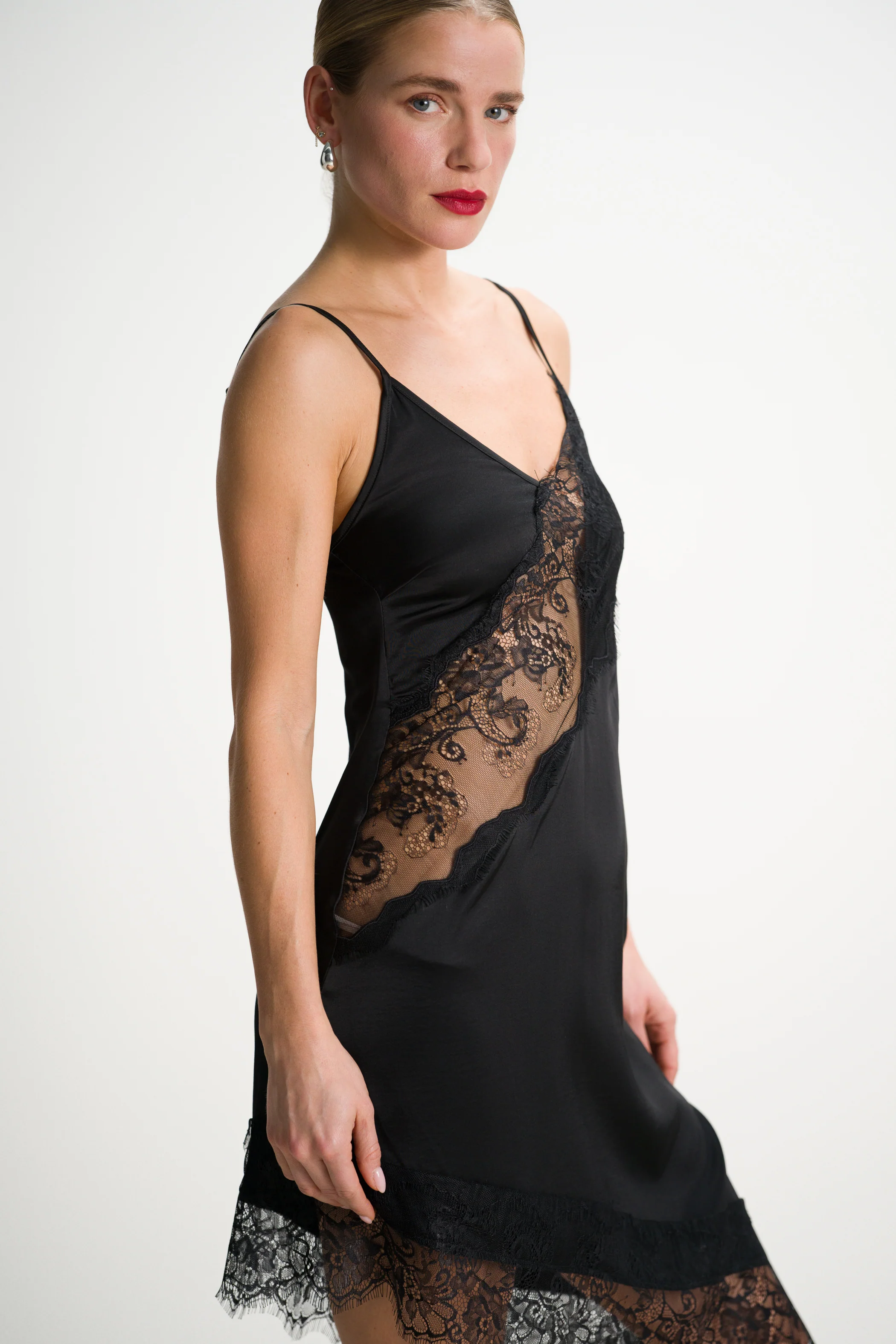 Isobel Asymmetric Lace Satin Dress | Black - Image 4