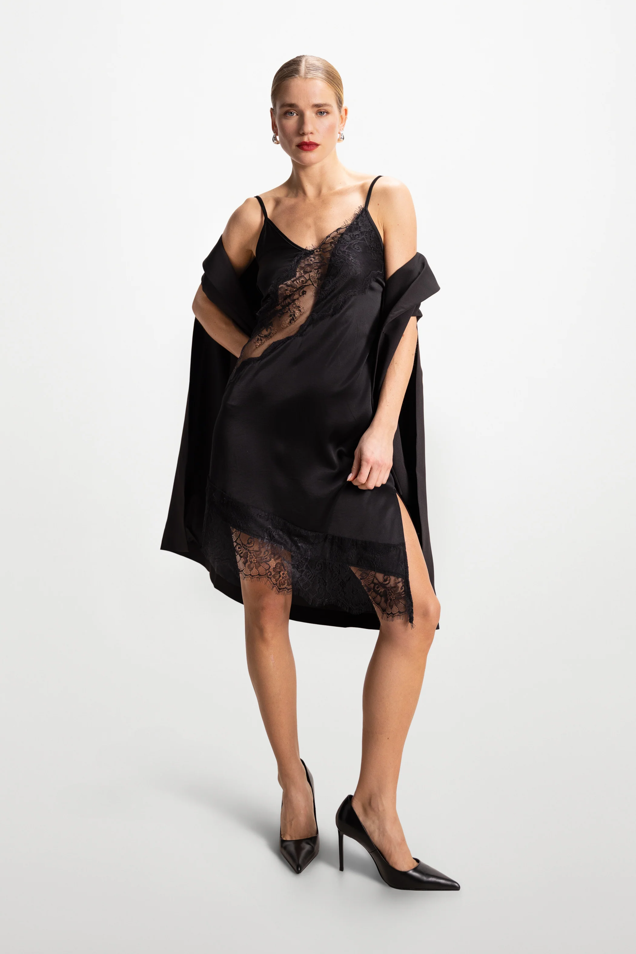 Isobel Asymmetric Lace Satin Dress | Black - Image 5