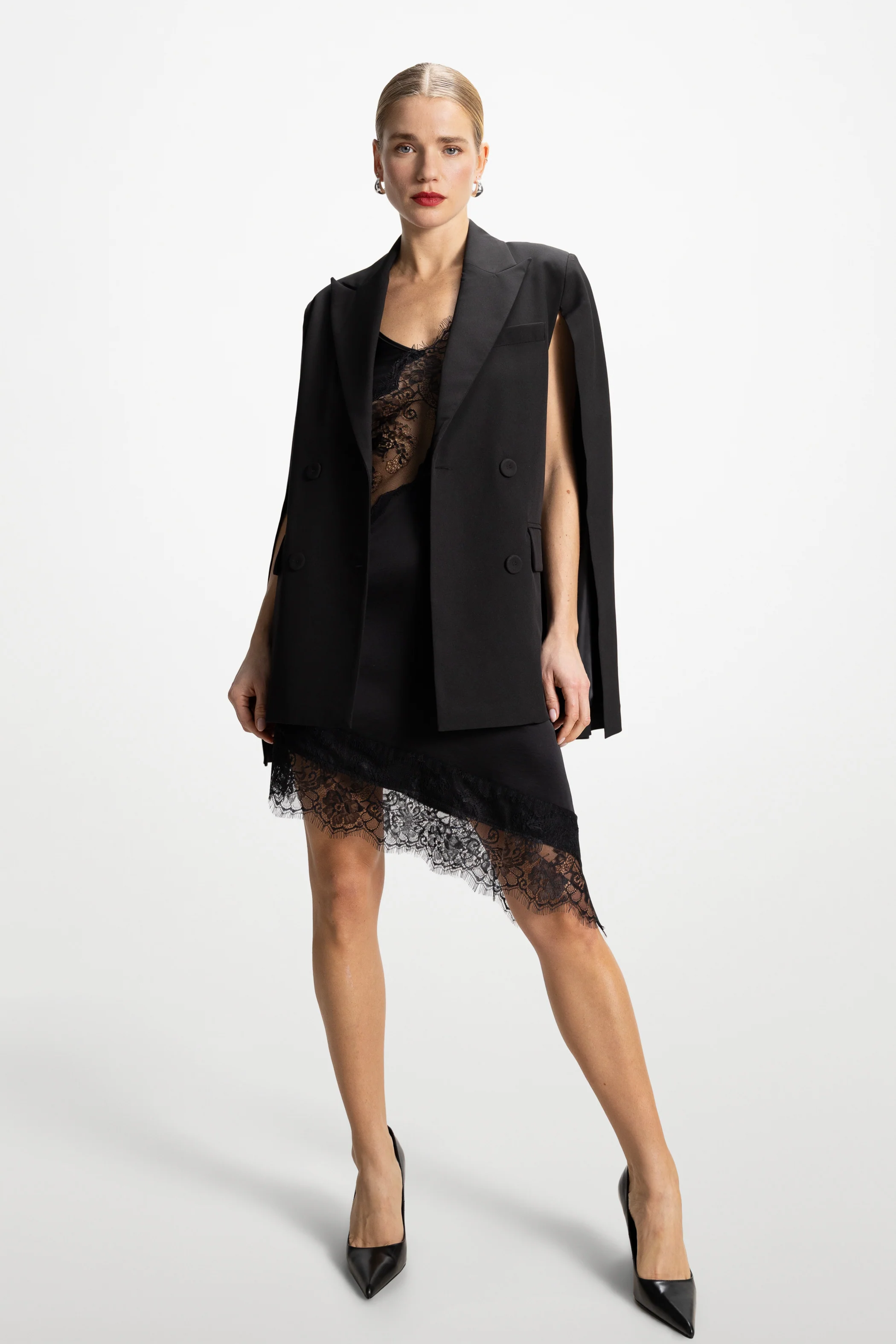 Isobel Asymmetric Lace Satin Dress | Black - Image 8