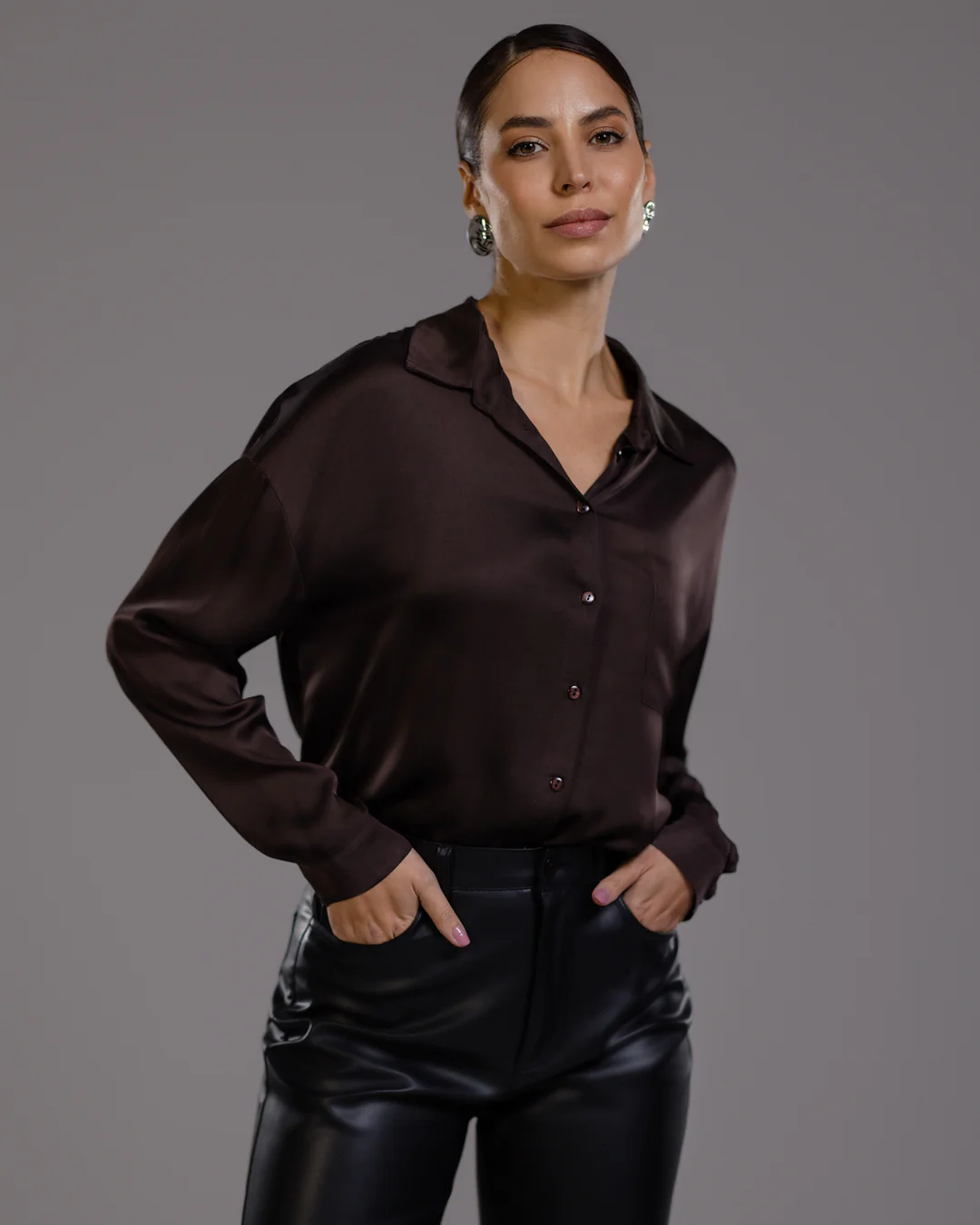 Kailin Satin Shirt | Espresso Brown - Image 3