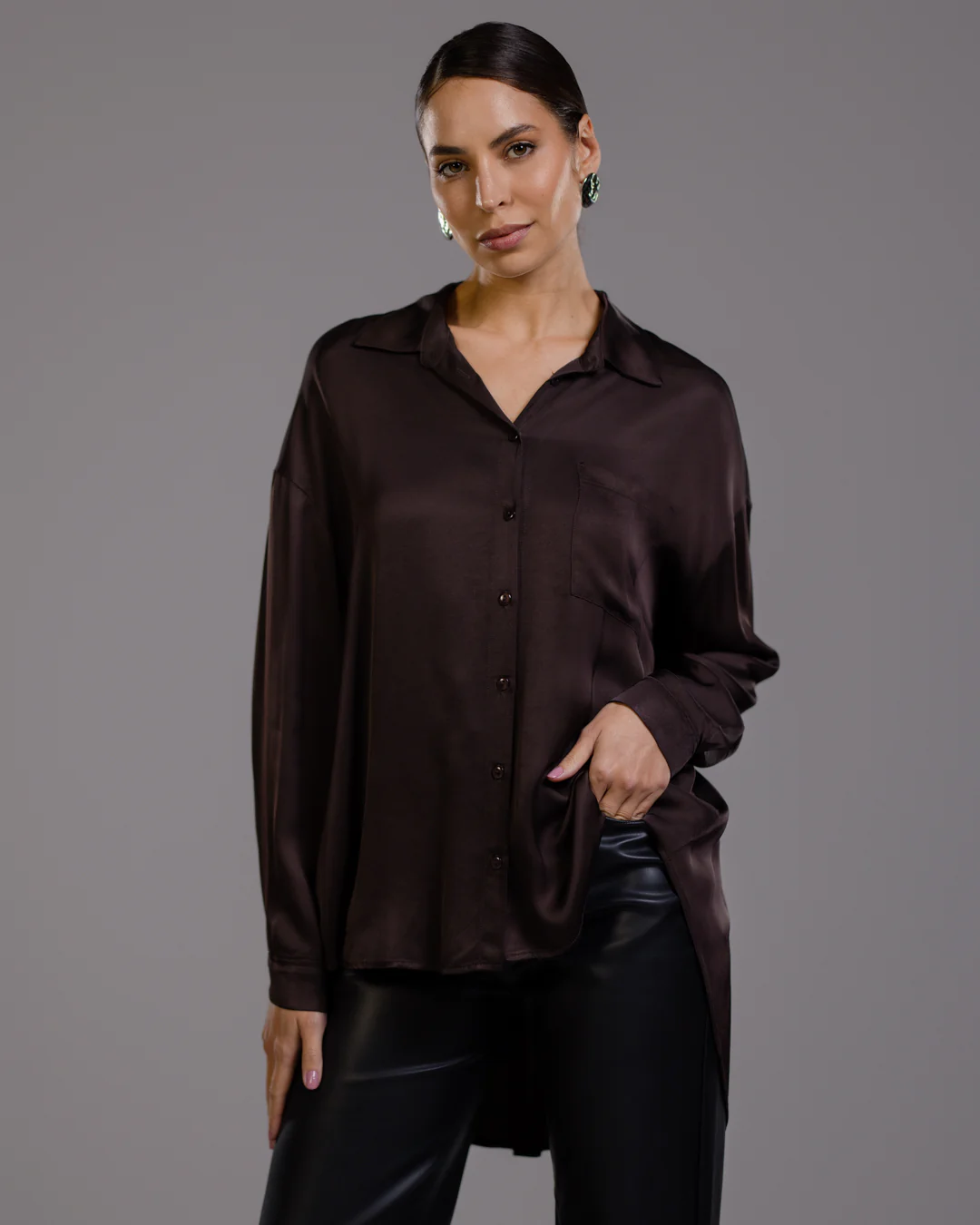 Kailin Satin Shirt | Espresso Brown - Image 4