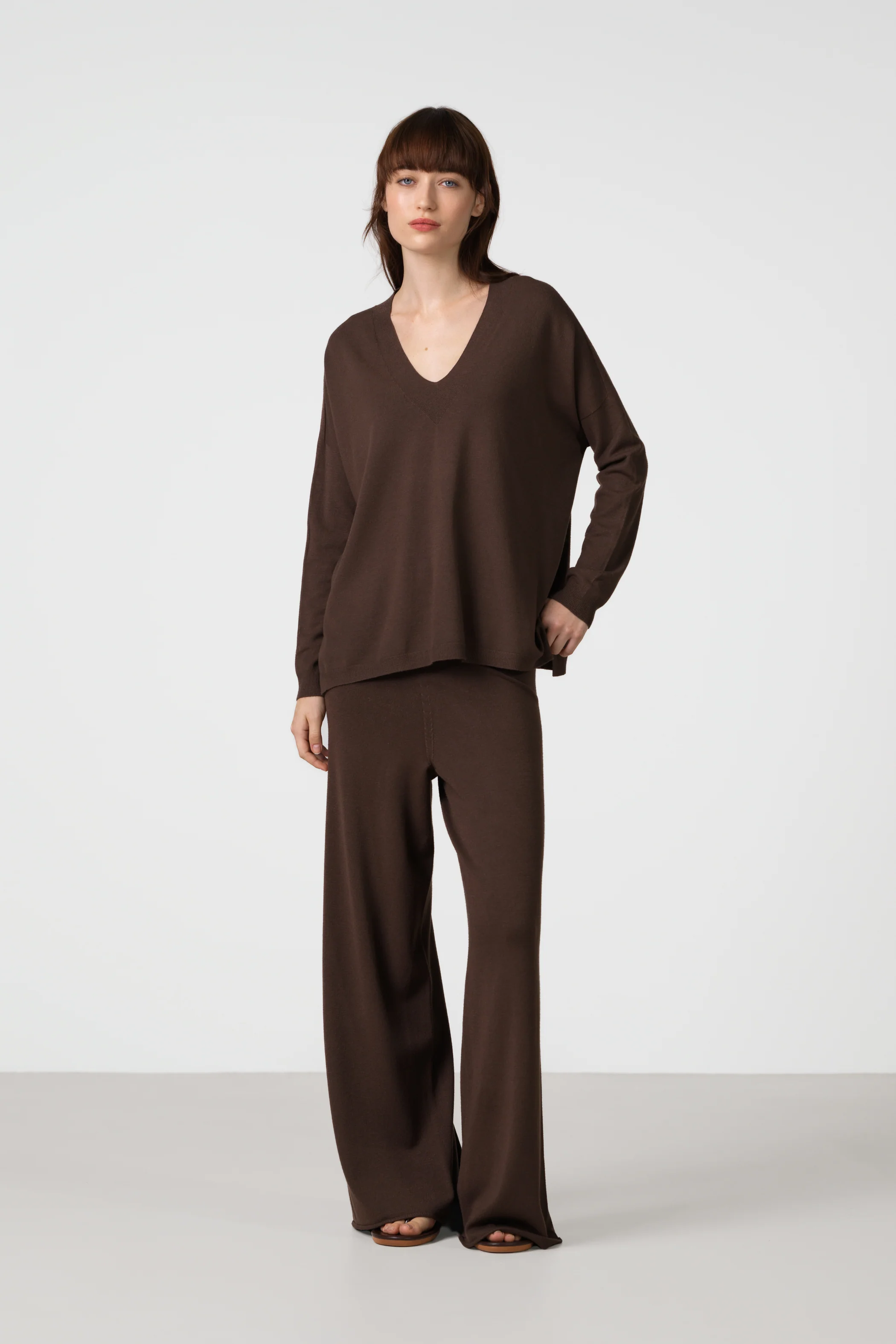 Layla V Neck Sweater | Chocolate Brown | Fine Knit - Image 3