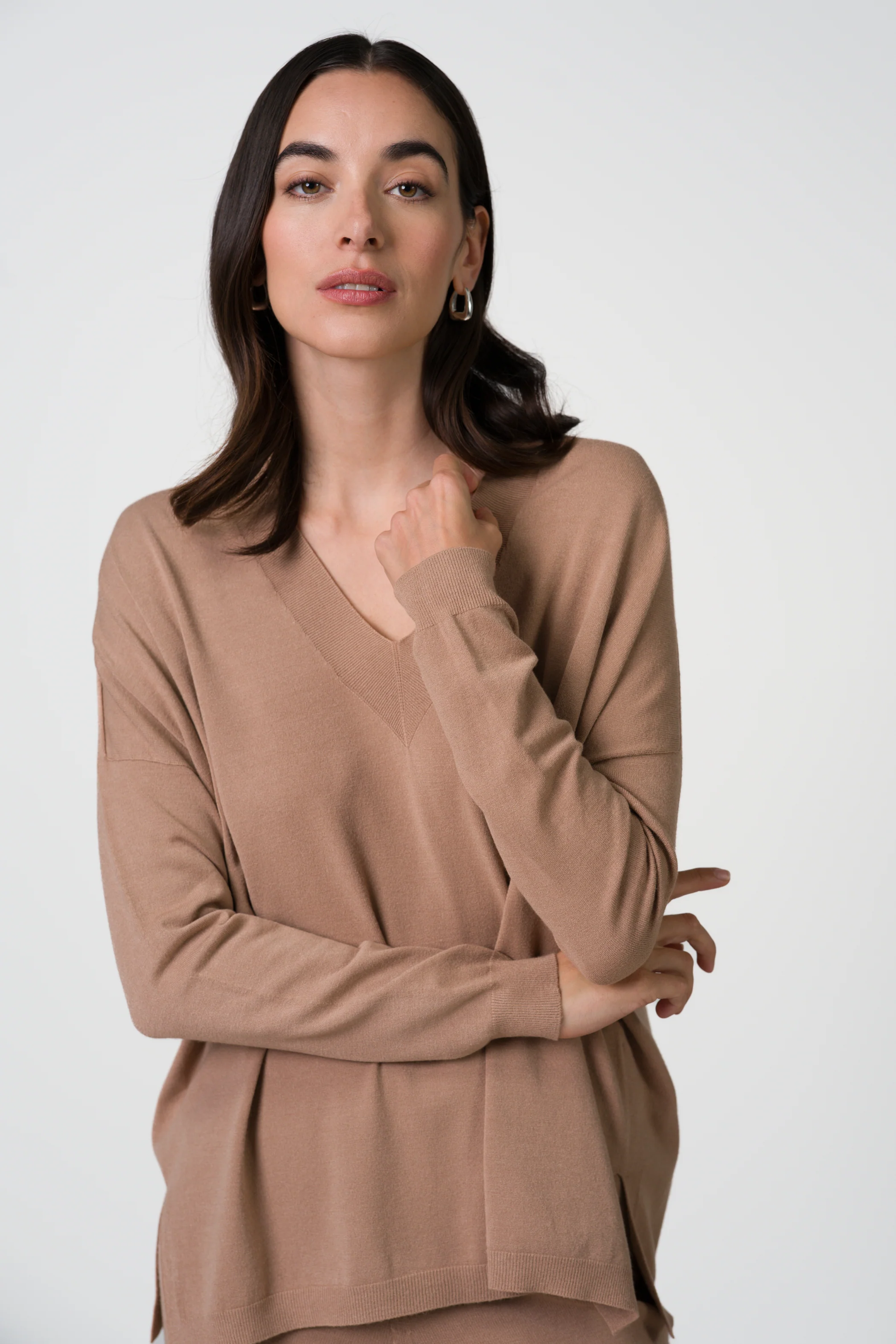 Layla V Neck Sweater | Chestnut Brown | Fine Knit - Image 2