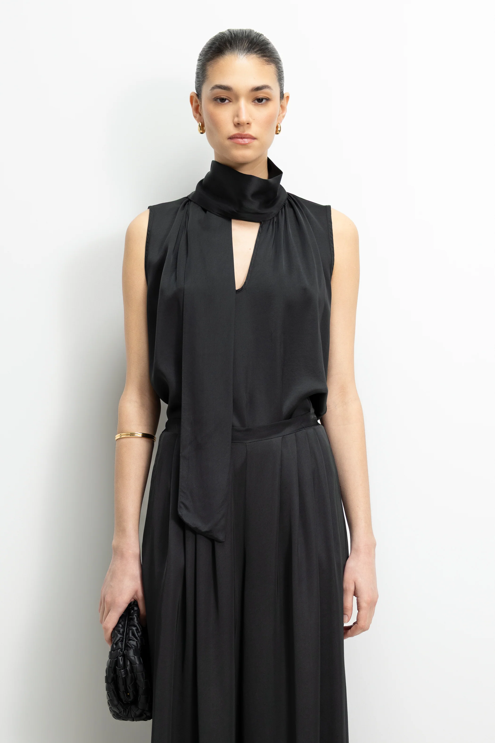 Lyanne Bow Neck Tie Satin Blouse | Black