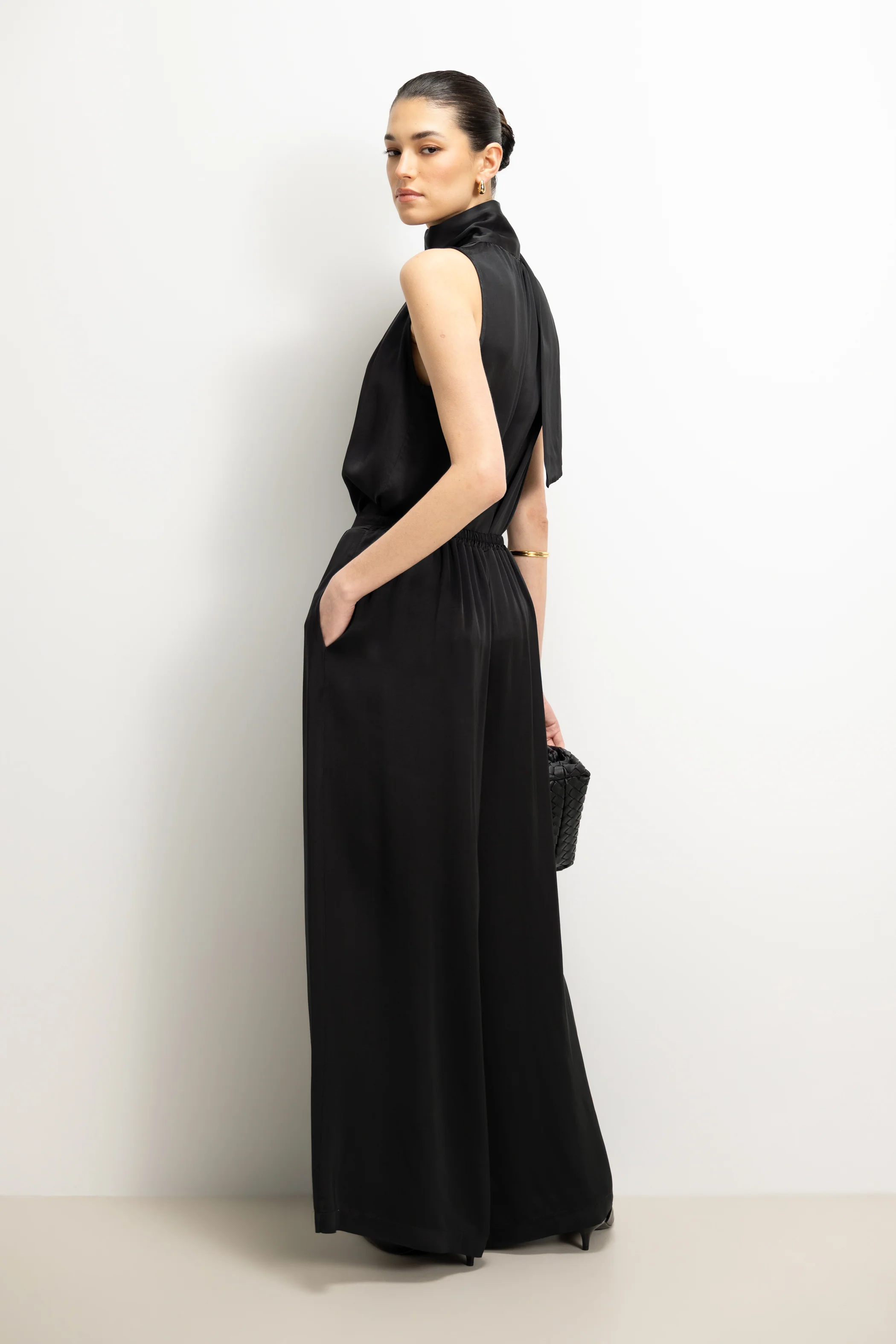 Arden Pleated Elastic Waist Satin Trousers | Black - Image 3