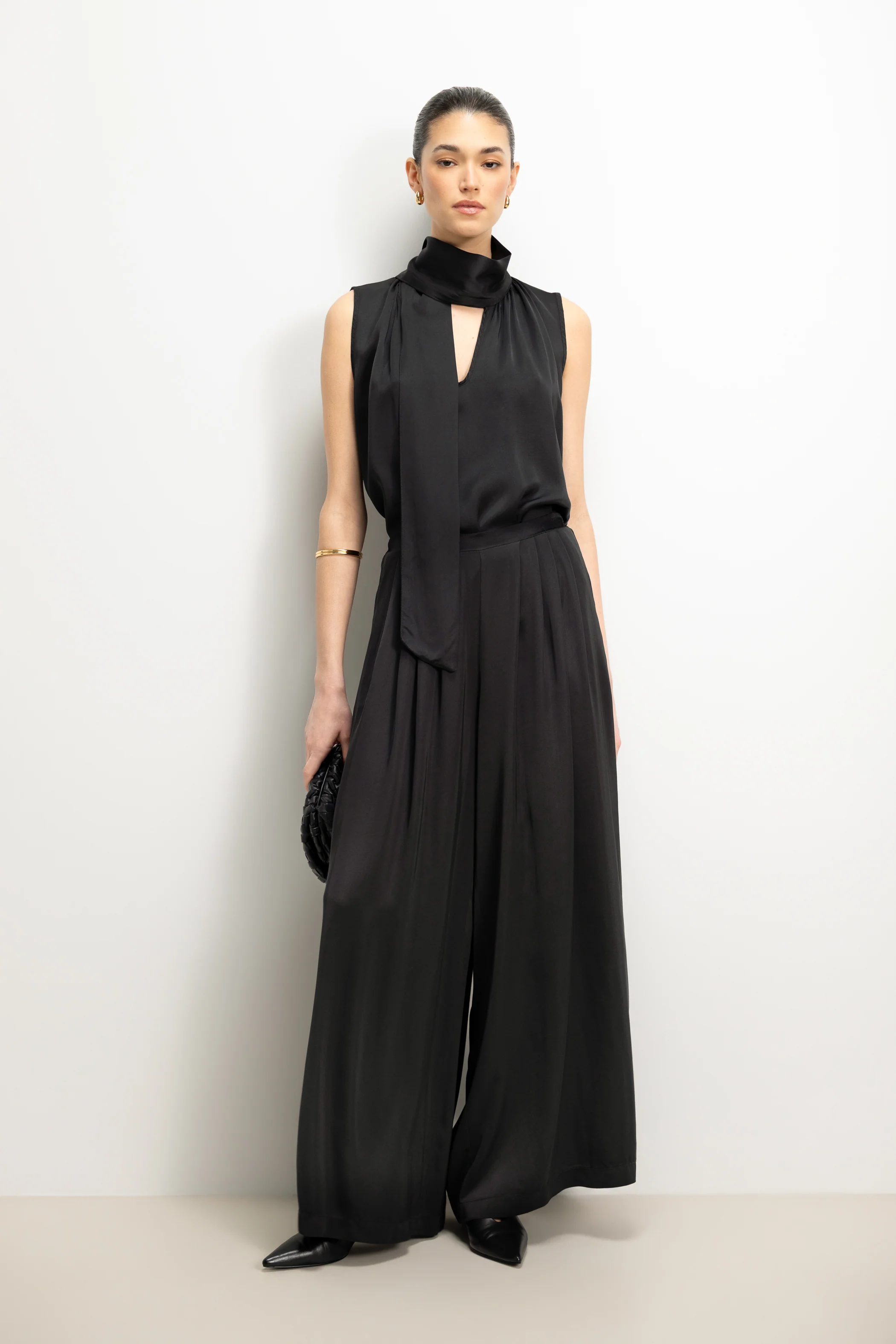 Arden Pleated Elastic Waist Satin Trousers | Black - Image 5