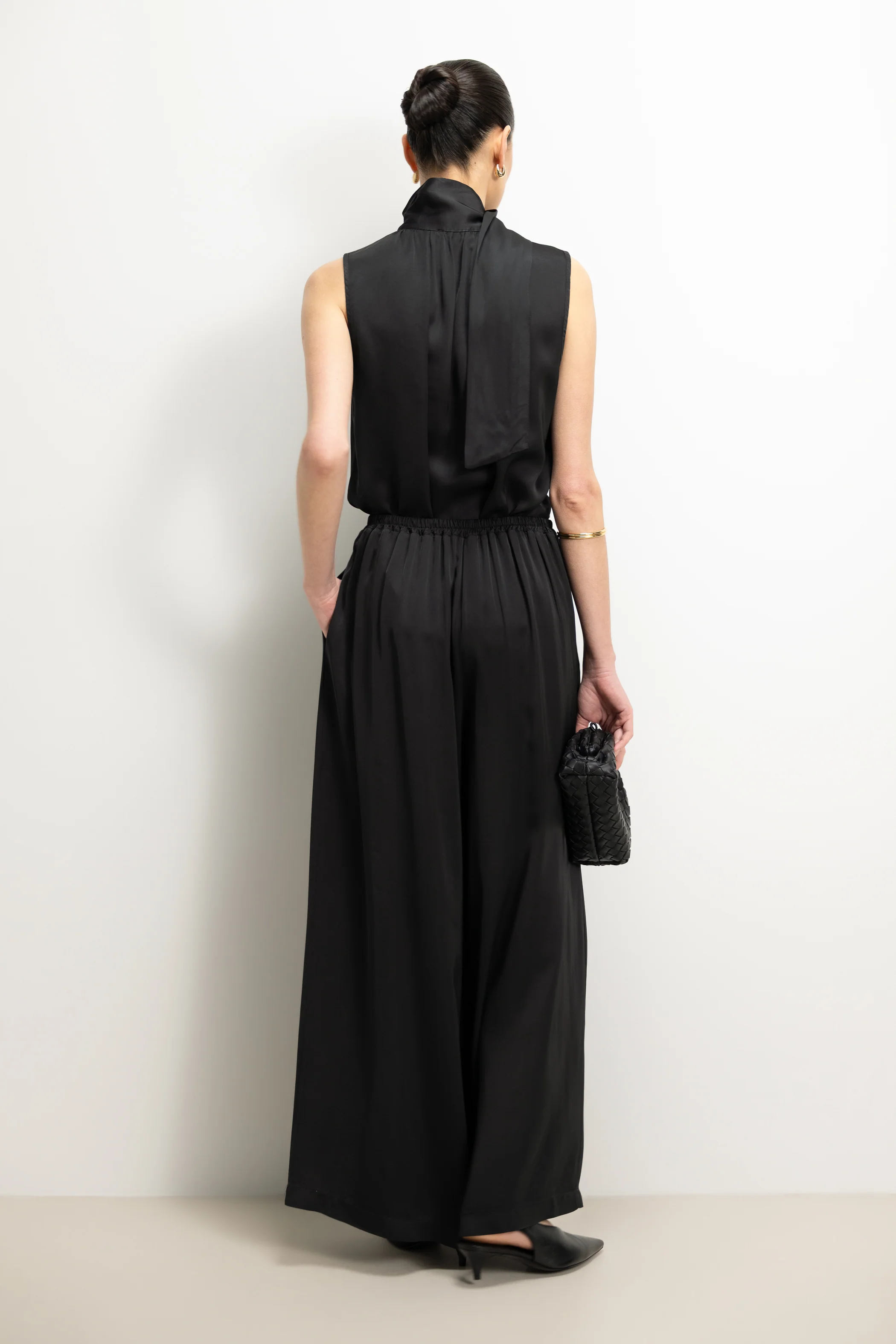 Arden Pleated Elastic Waist Satin Trousers | Black - Image 2