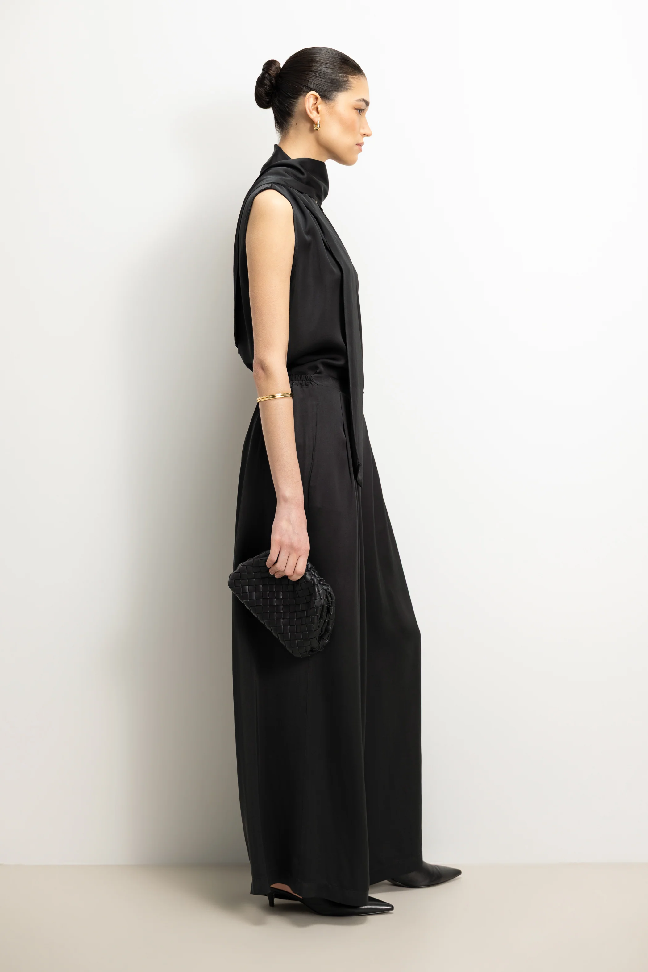 Arden Pleated Elastic Waist Satin Trousers | Black - Image 6