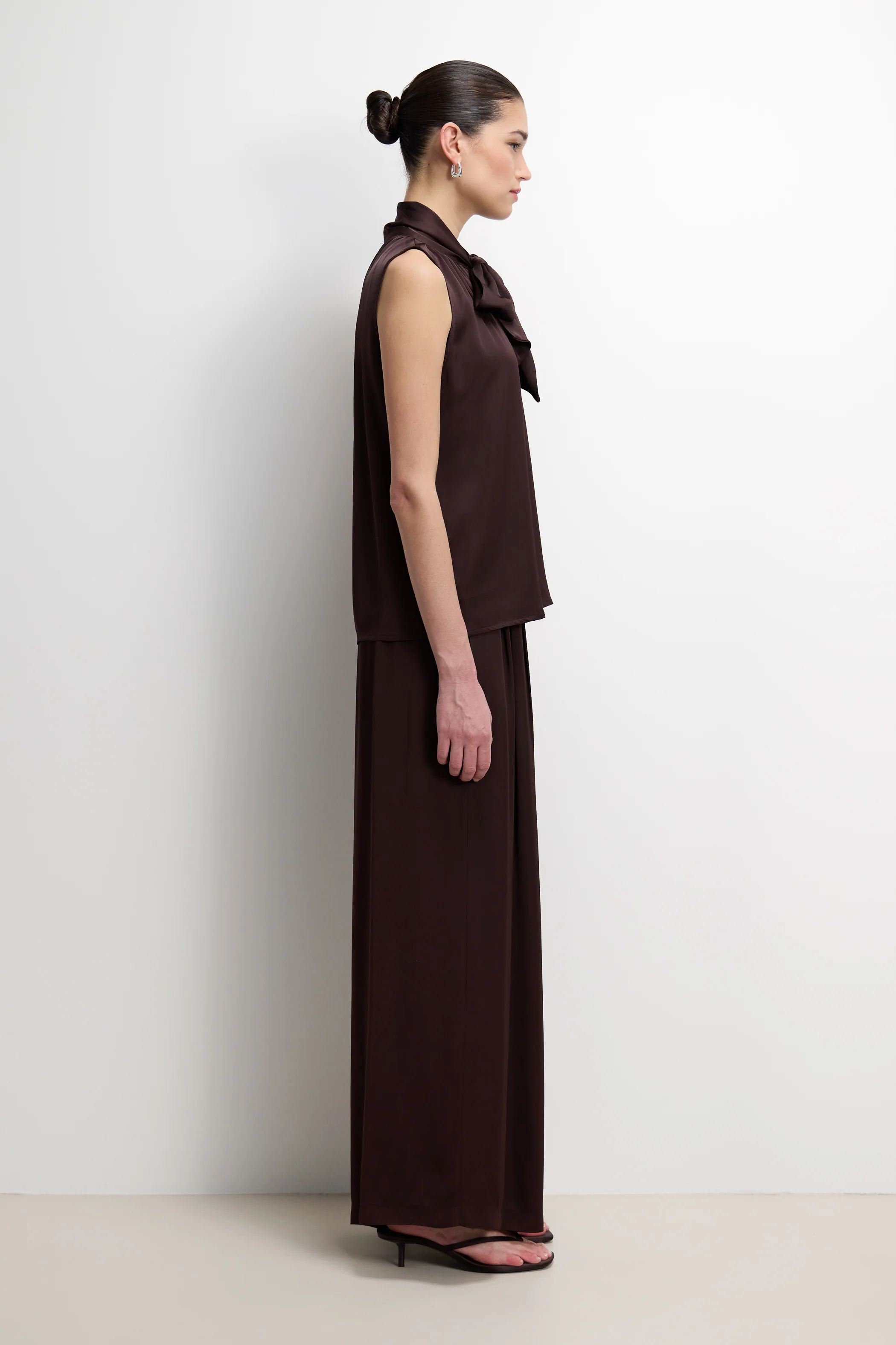 Lyanne Bow Neck Tie Satin Blouse | Espresso Brown Moire - Image 5