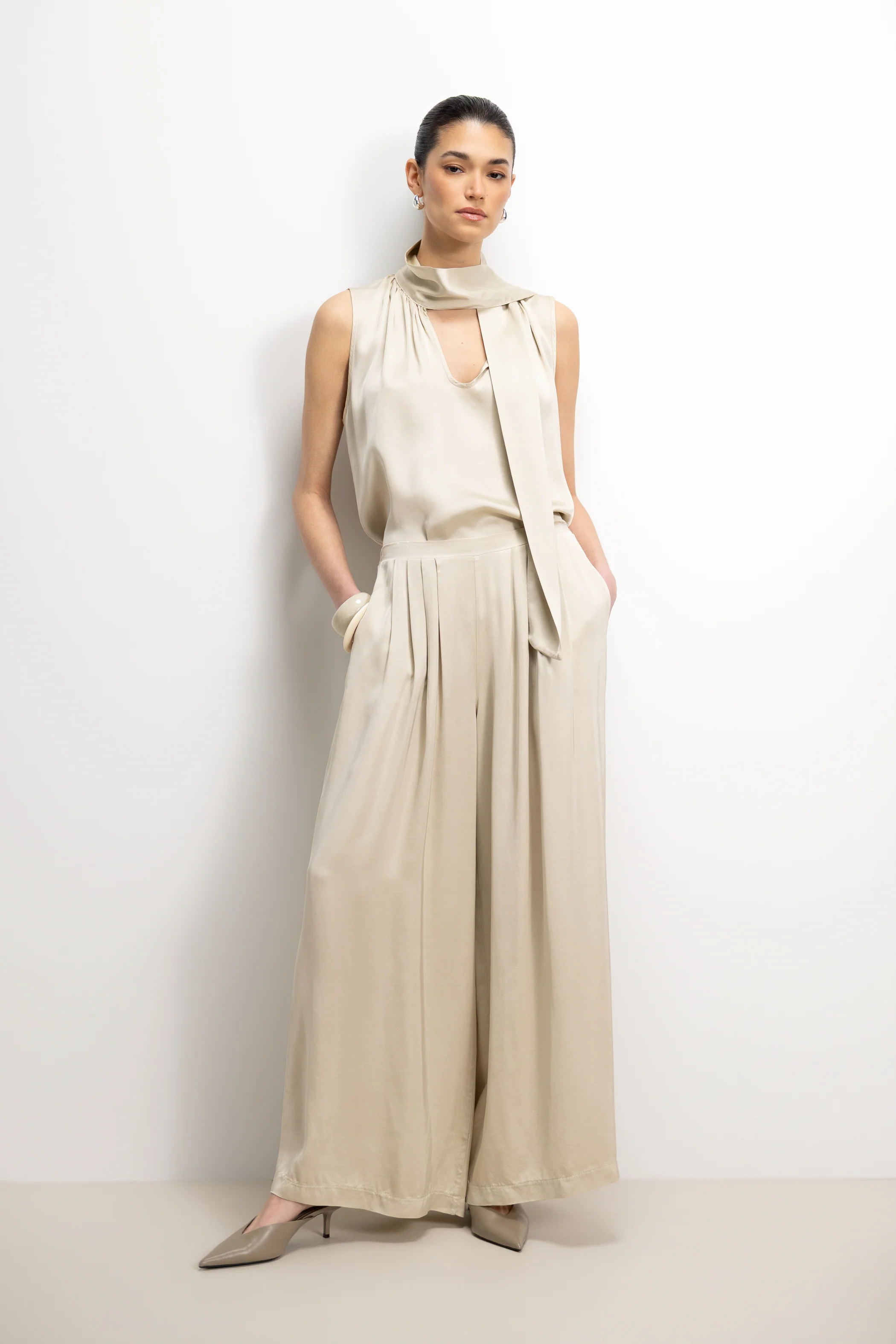 Lyanne Bow Neck Tie Satin Blouse | Honey - Image 5