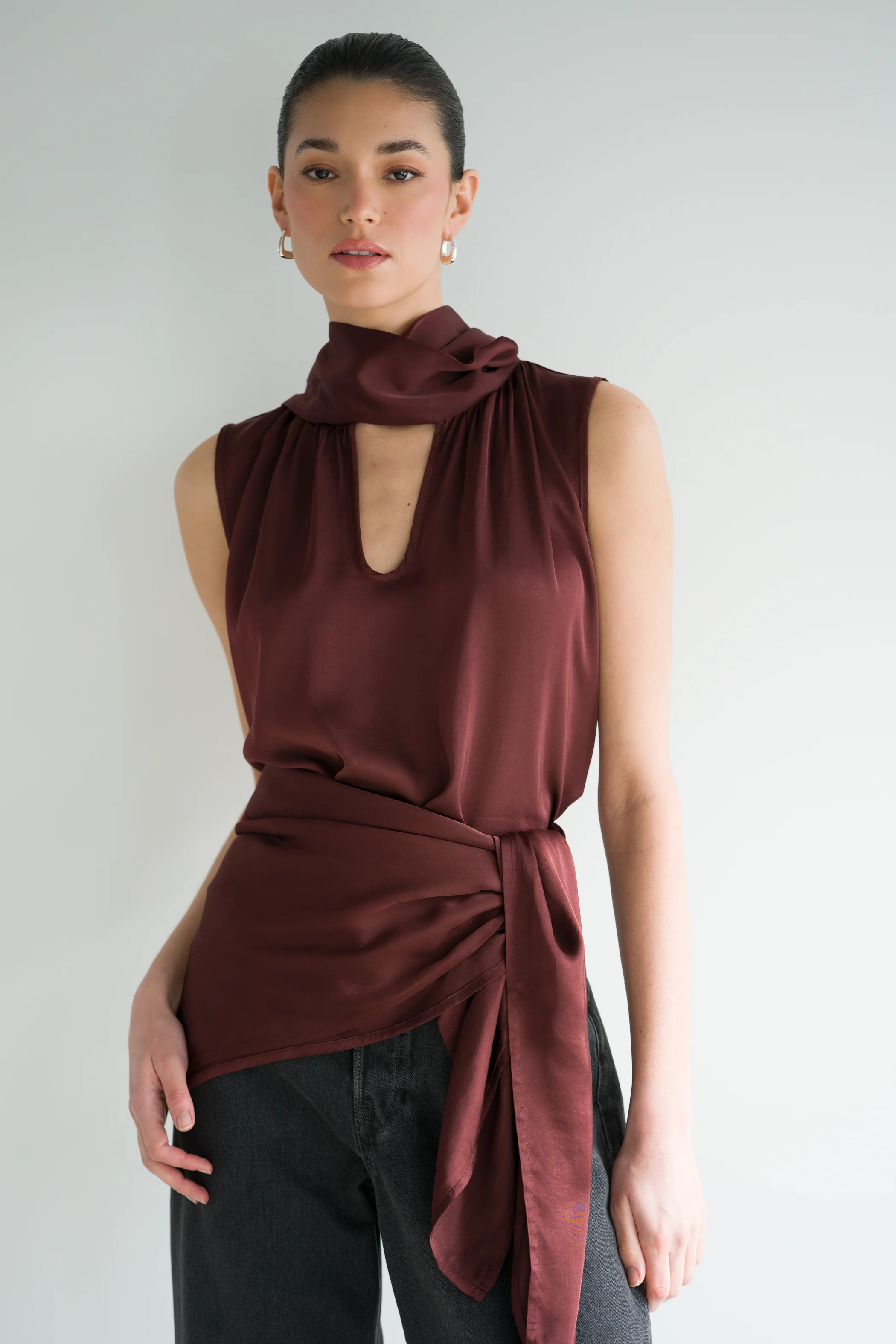 Lyanne Bow Neck Tie Satin Blouse | Plum - Image 2