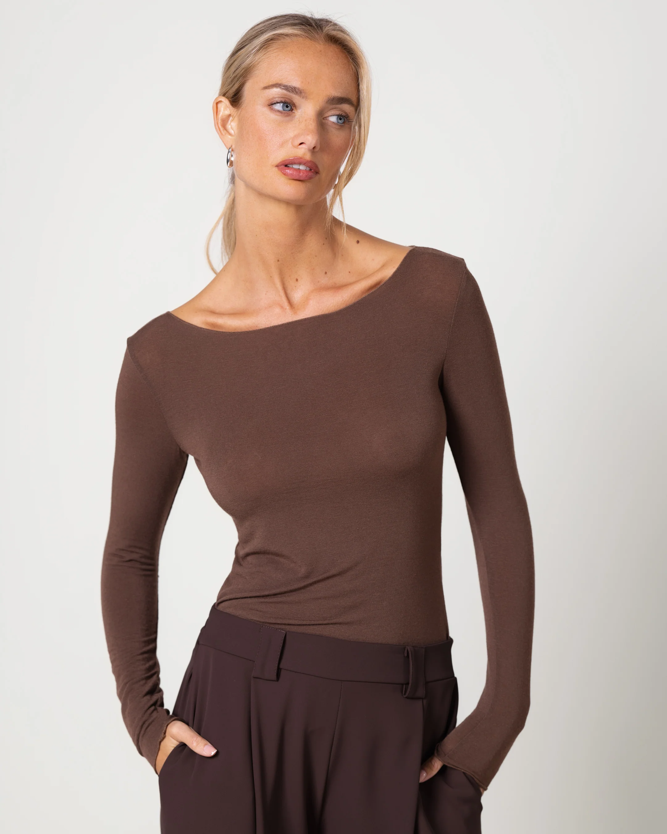 Mae Featherweight Boatneck Top | Brown | Modal-Cashmere - Image 5