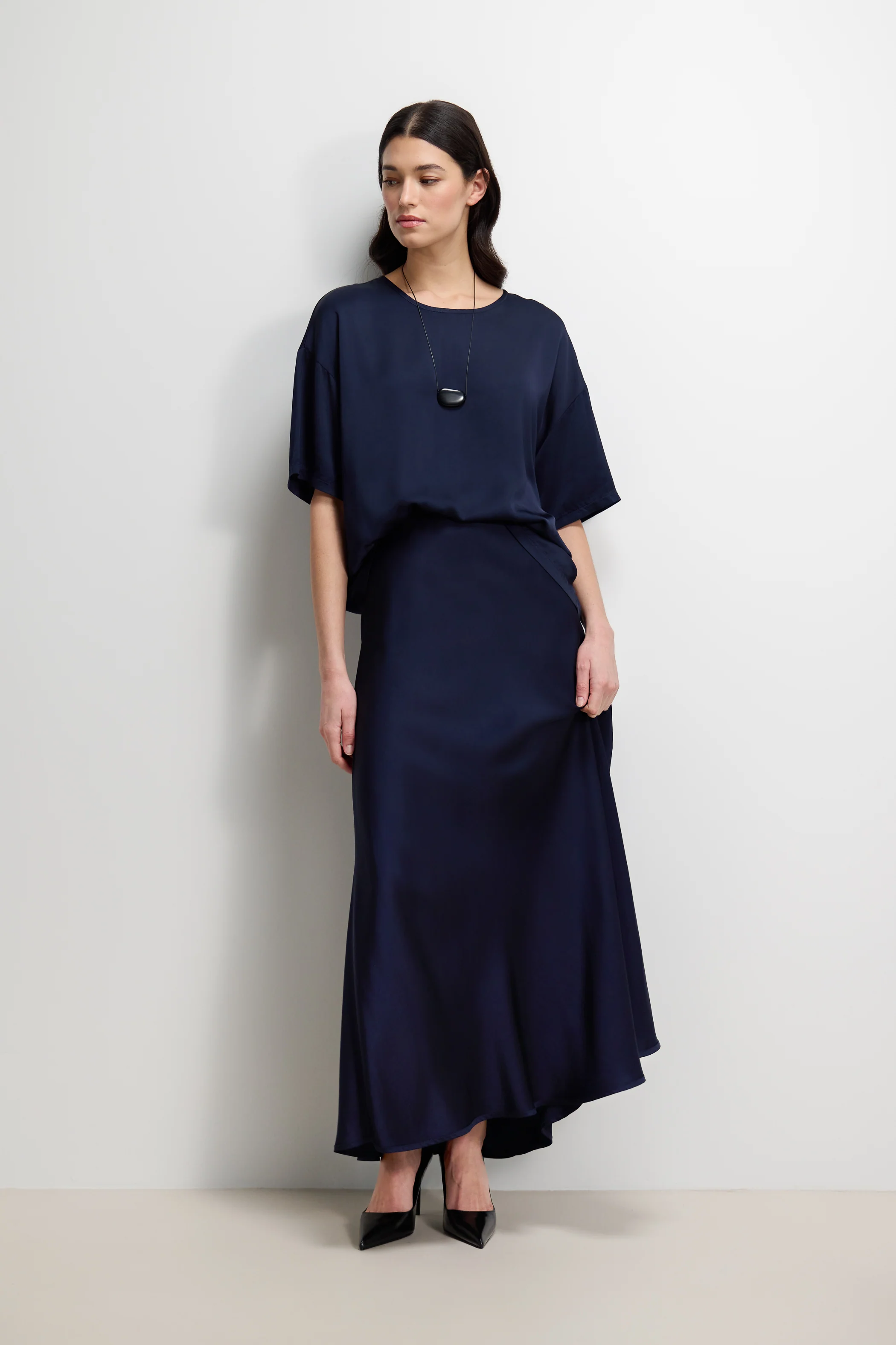 Mila Back Slit Satin Top | Navy - Image 8