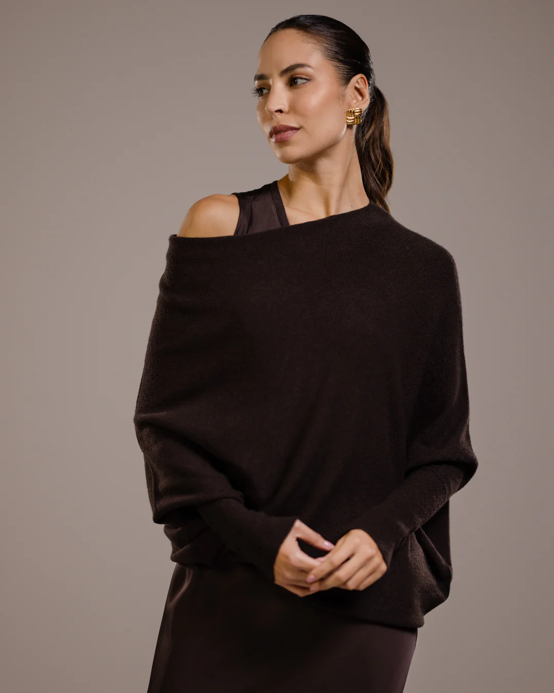 Asymmetric Draped | Espresso Brown | Seamless Knit - Image 11