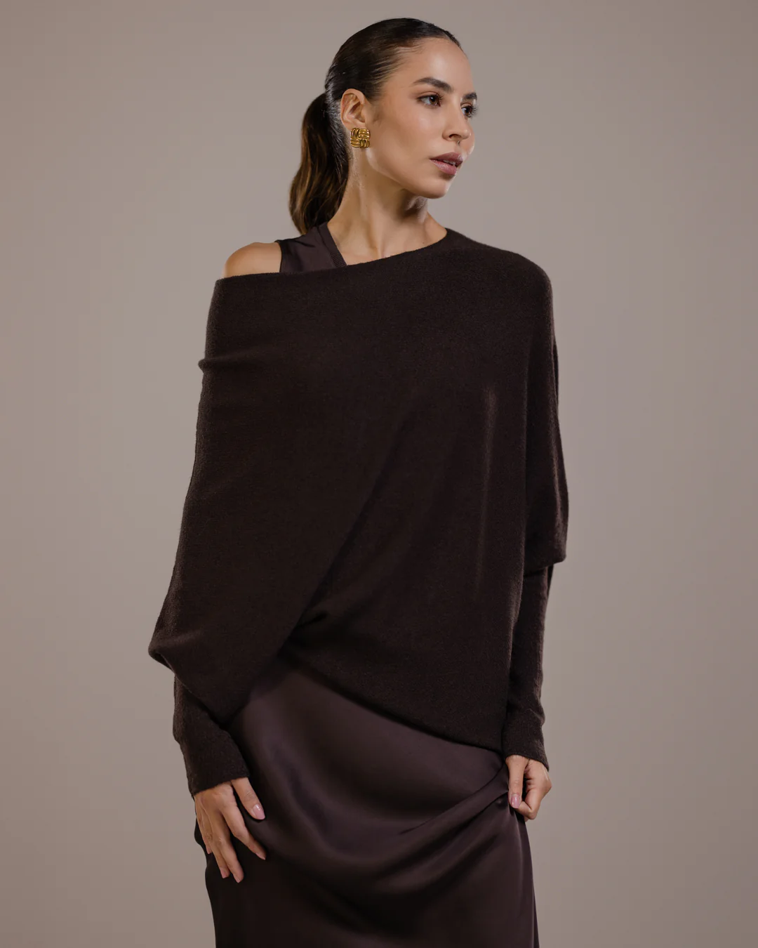 Asymmetric Draped | Espresso Brown | Seamless Knit - Image 8