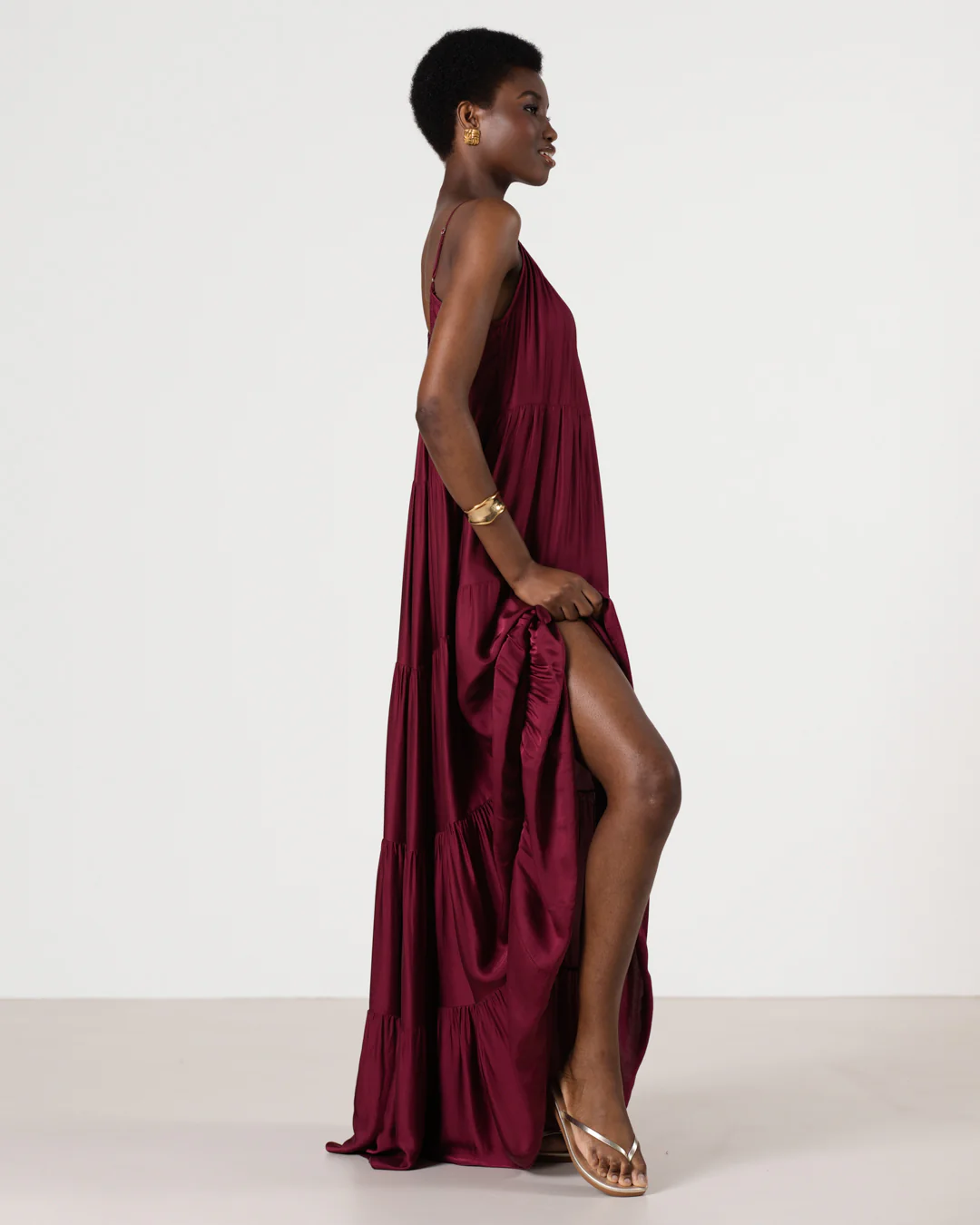 Noelle Strappy Tiered Satin Maxi Dress | Dark Cherry - Image 2