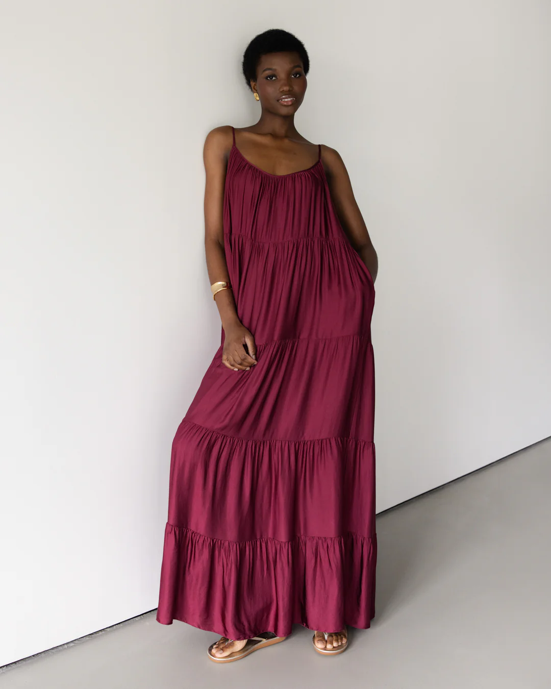 Noelle Strappy Tiered Satin Maxi Dress | Dark Cherry - Image 3
