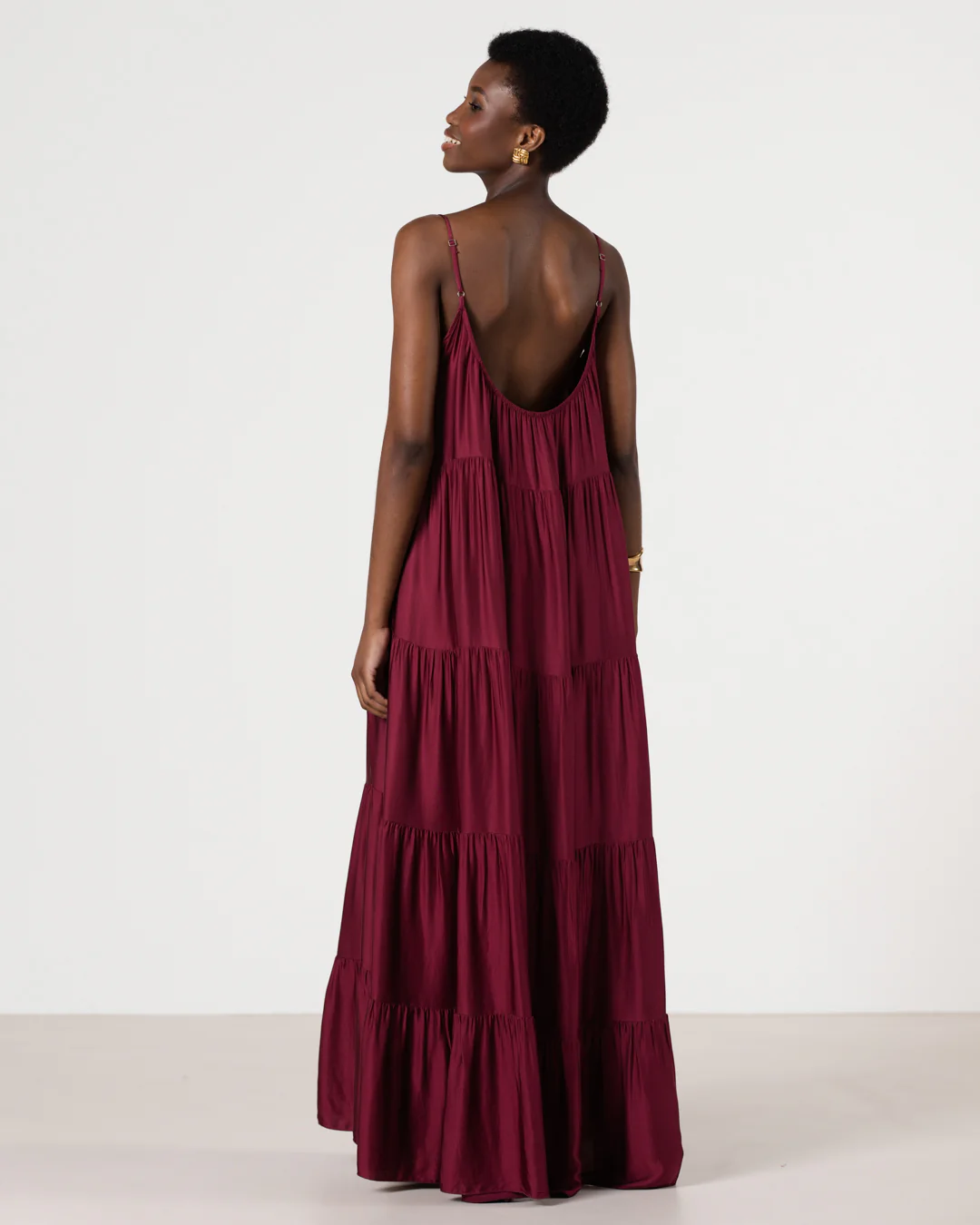 Noelle Strappy Tiered Satin Maxi Dress | Dark Cherry - Image 4