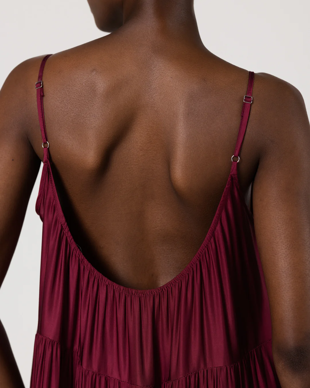Noelle Strappy Tiered Satin Maxi Dress | Dark Cherry - Image 6