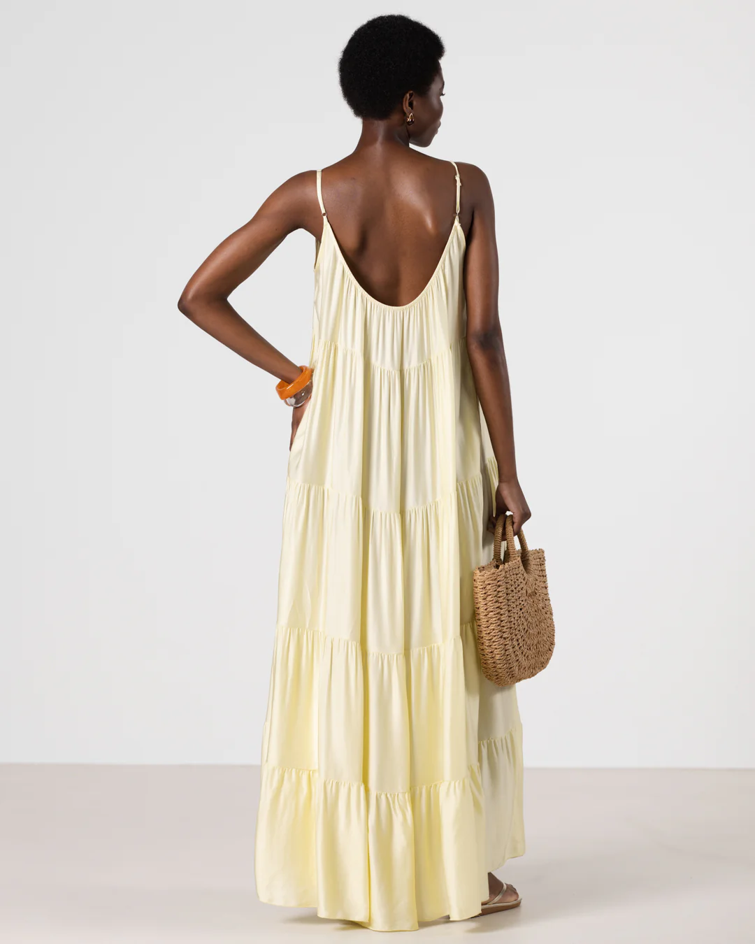 Noelle Strappy Tiered Satin Maxi Dress | Butter Yellow - Image 2