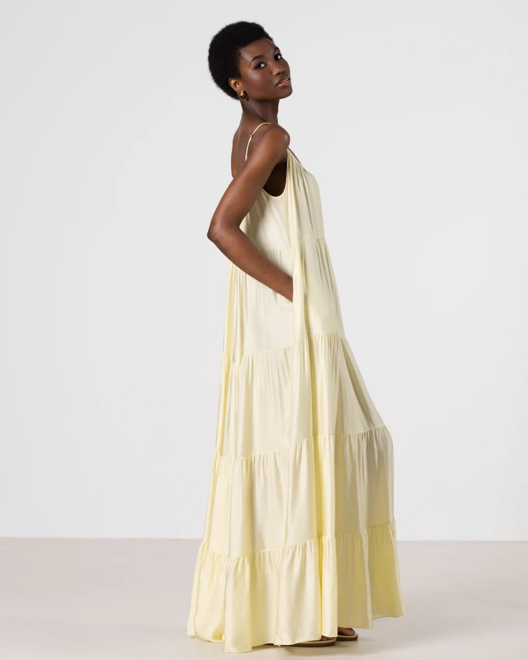Noelle Strappy Tiered Satin Maxi Dress | Butter Yellow - Image 5