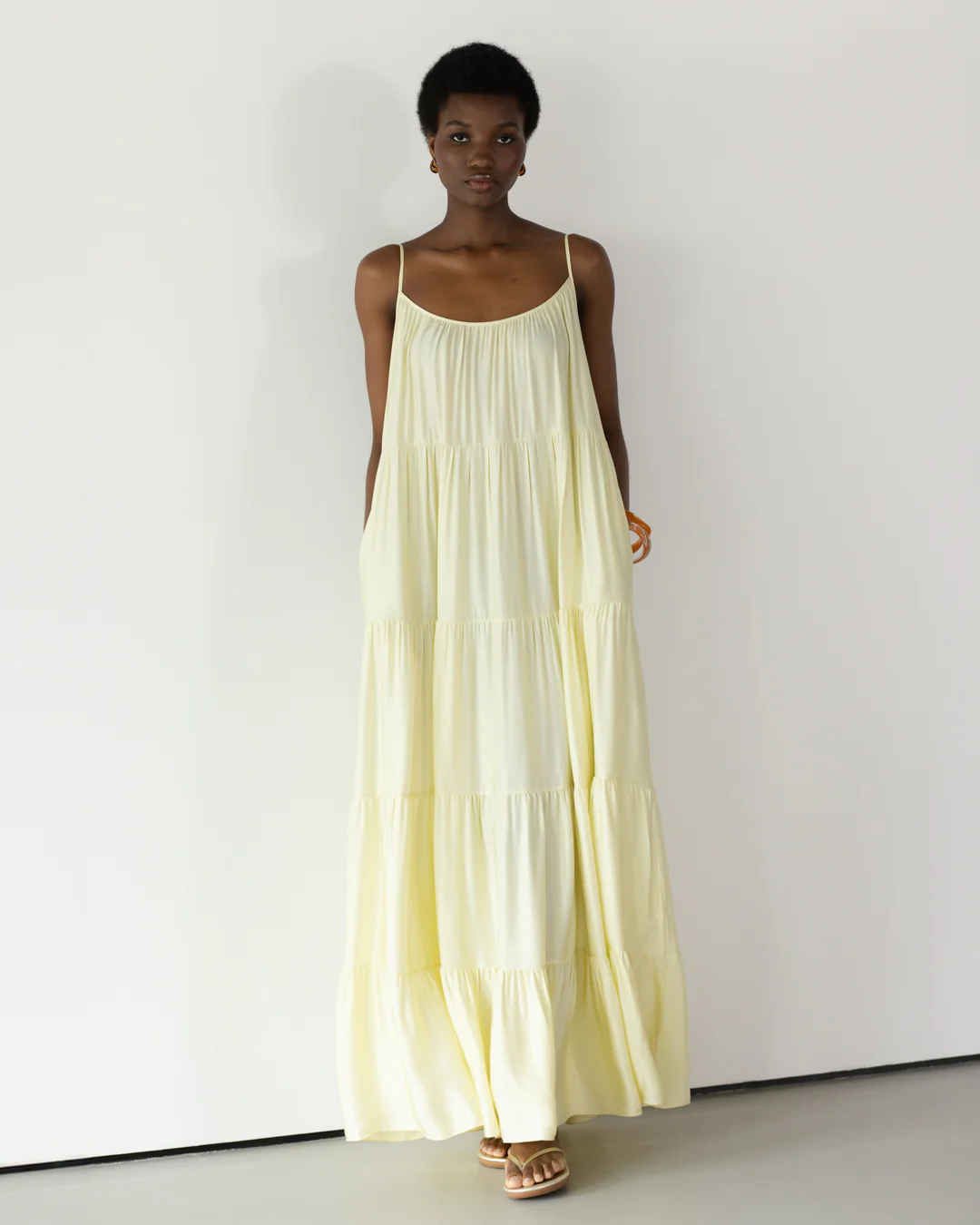 Noelle Strappy Tiered Satin Maxi Dress | Butter Yellow - Image 7