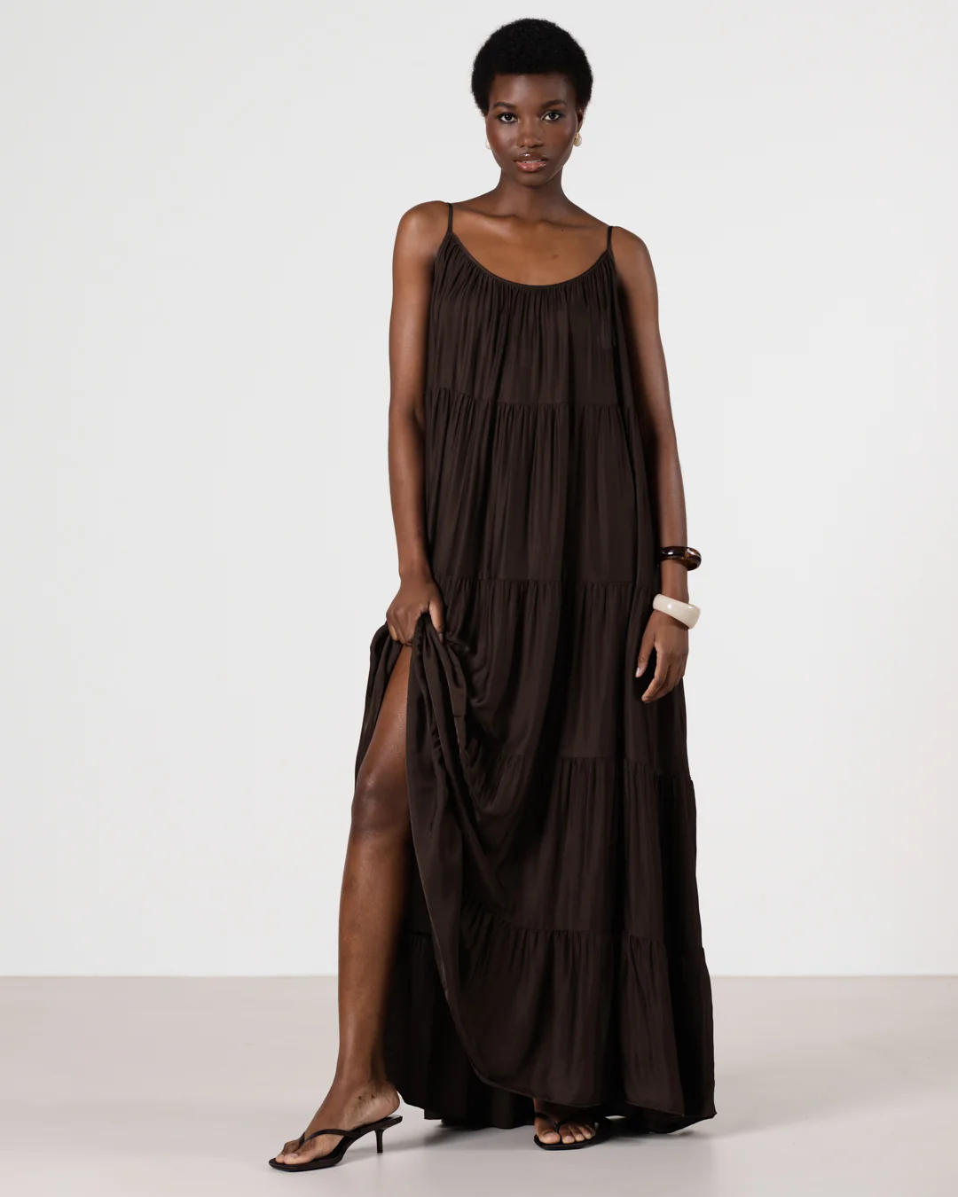 Noelle Strappy Tiered Satin Maxi Dress | Cocoa Soleil - Image 10