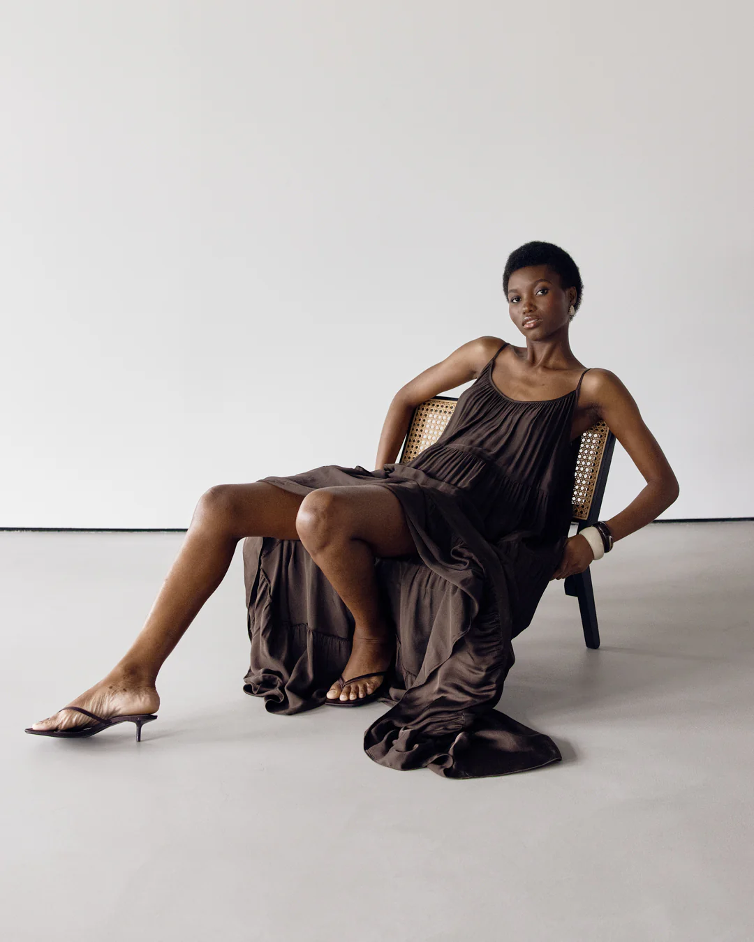 Noelle Strappy Tiered Satin Maxi Dress | Cocoa Soleil - Image 11