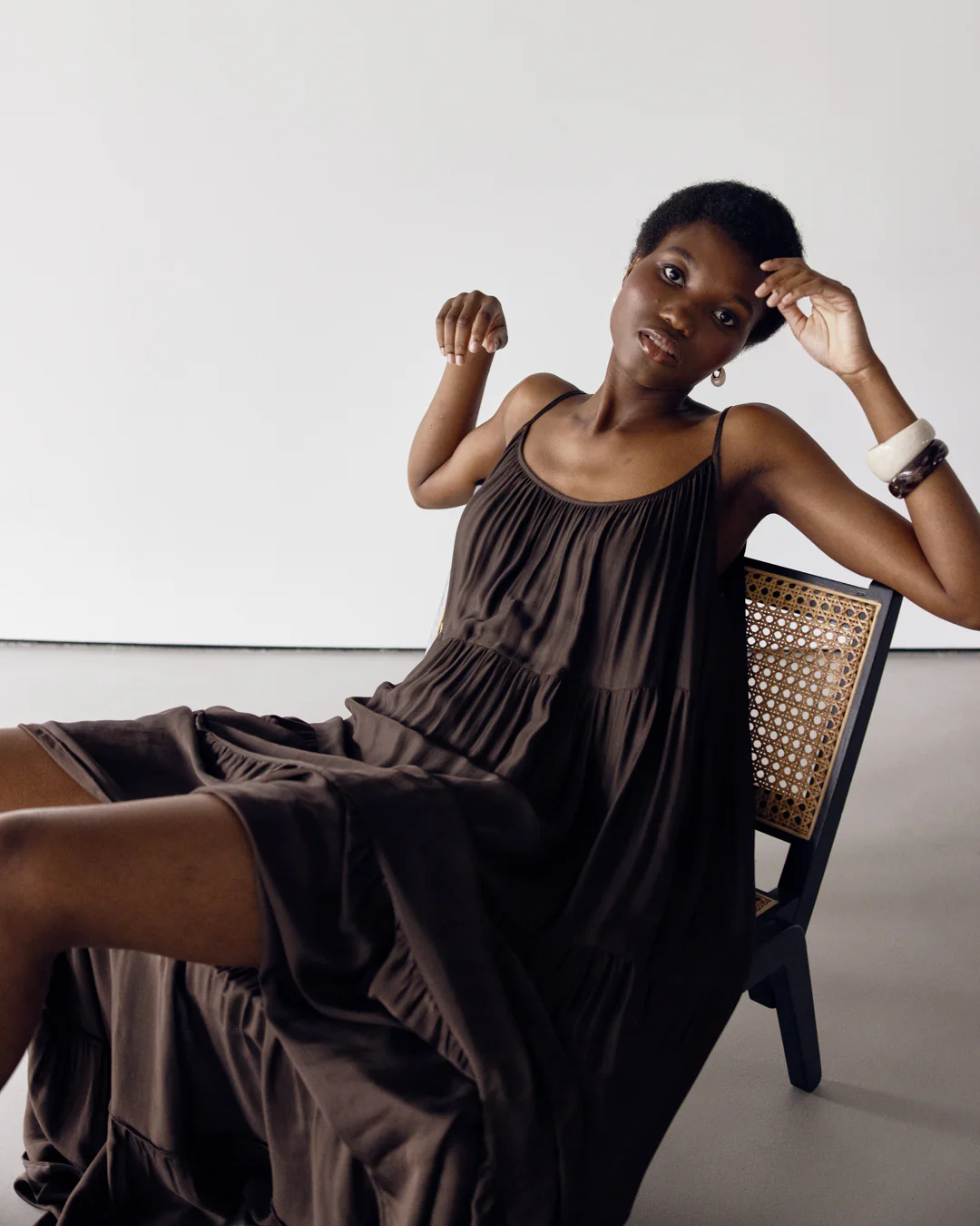 Noelle Strappy Tiered Satin Maxi Dress | Cocoa Soleil - Image 2
