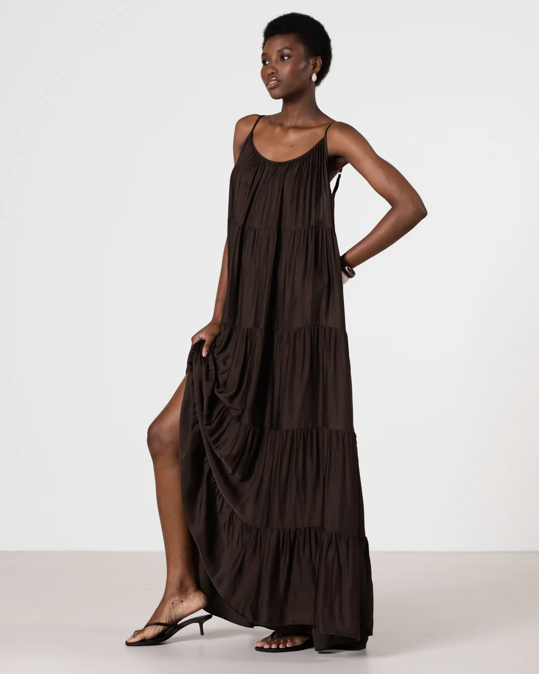 Noelle Strappy Tiered Satin Maxi Dress | Cocoa Soleil - Image 3
