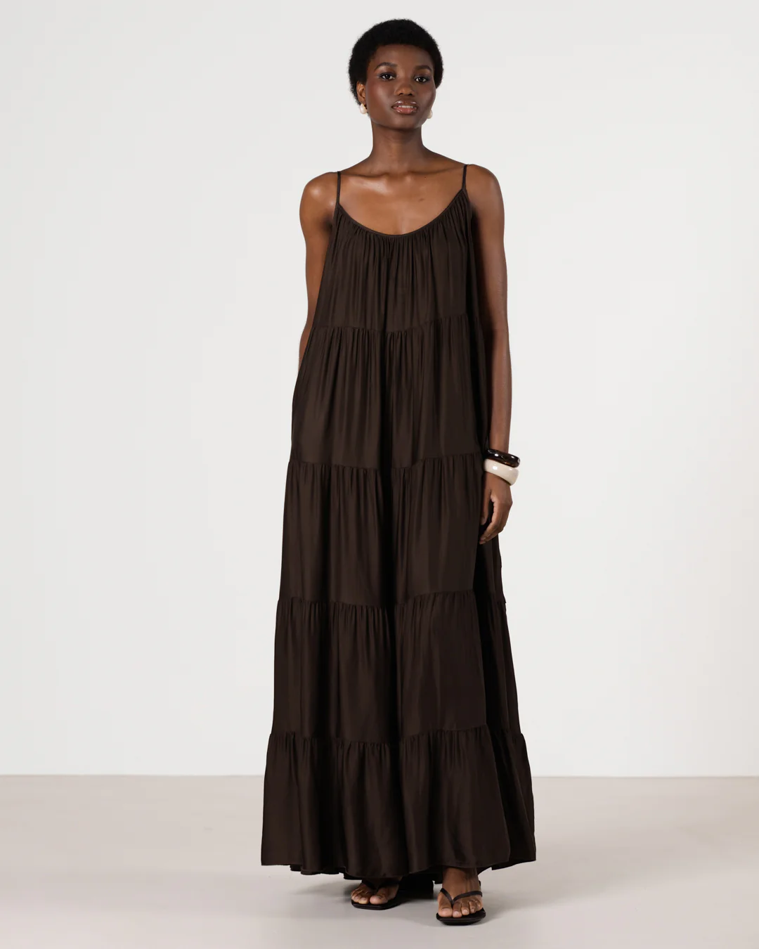 Noelle Strappy Tiered Satin Maxi Dress | Cocoa Soleil - Image 5