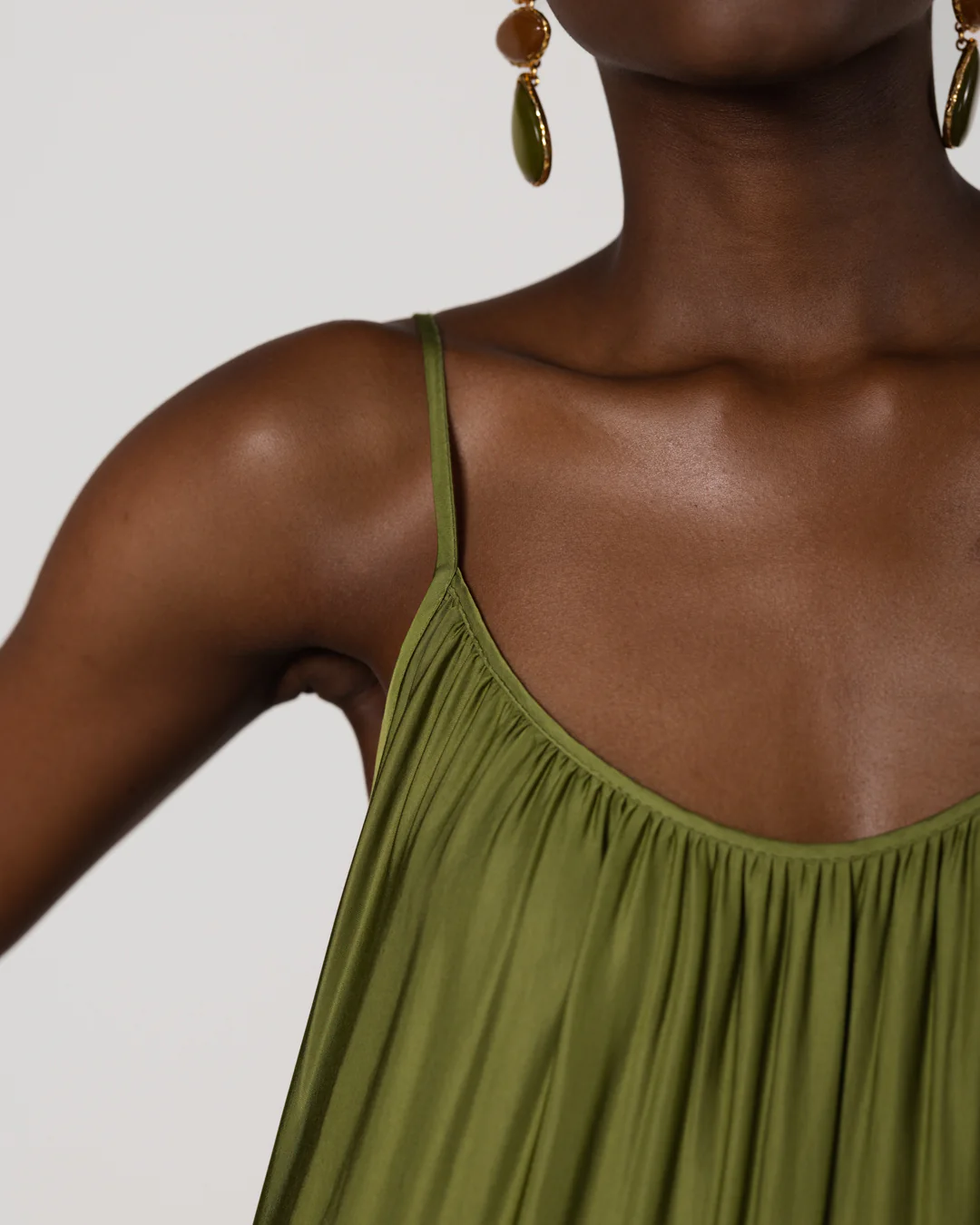Noelle Strappy Tiered Satin Maxi Dress | Olive Green - Image 3