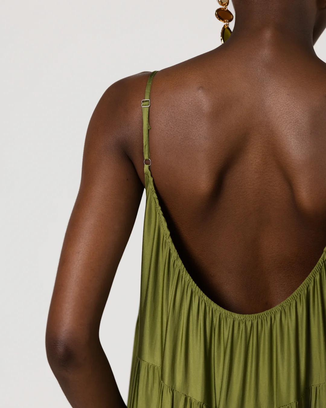 Noelle Strappy Tiered Satin Maxi Dress | Olive Green - Image 4