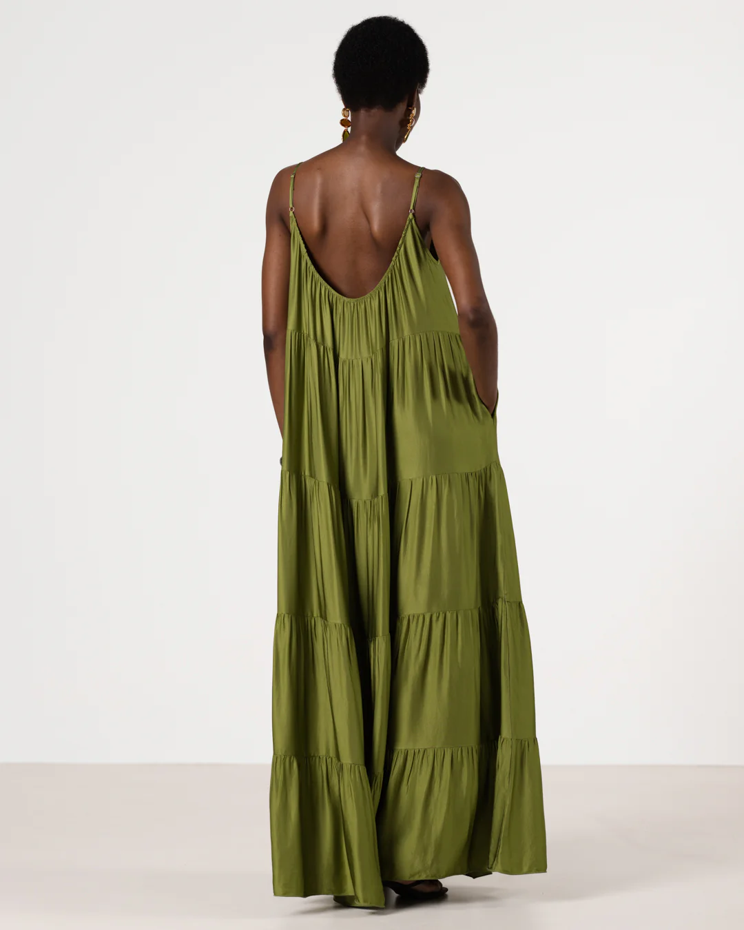Noelle Strappy Tiered Satin Maxi Dress | Olive Green - Image 5