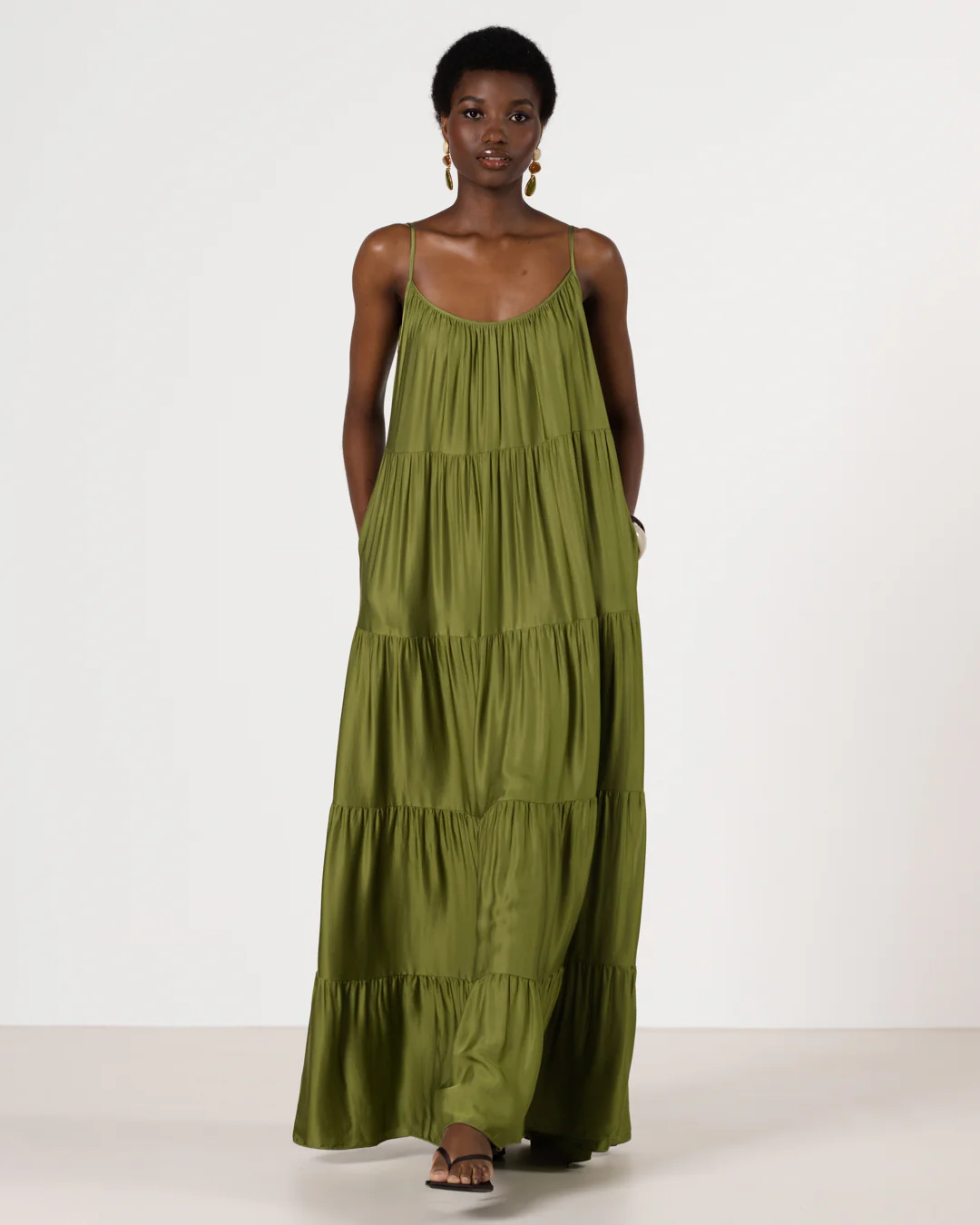 Noelle Strappy Tiered Satin Maxi Dress | Olive Green - Image 6