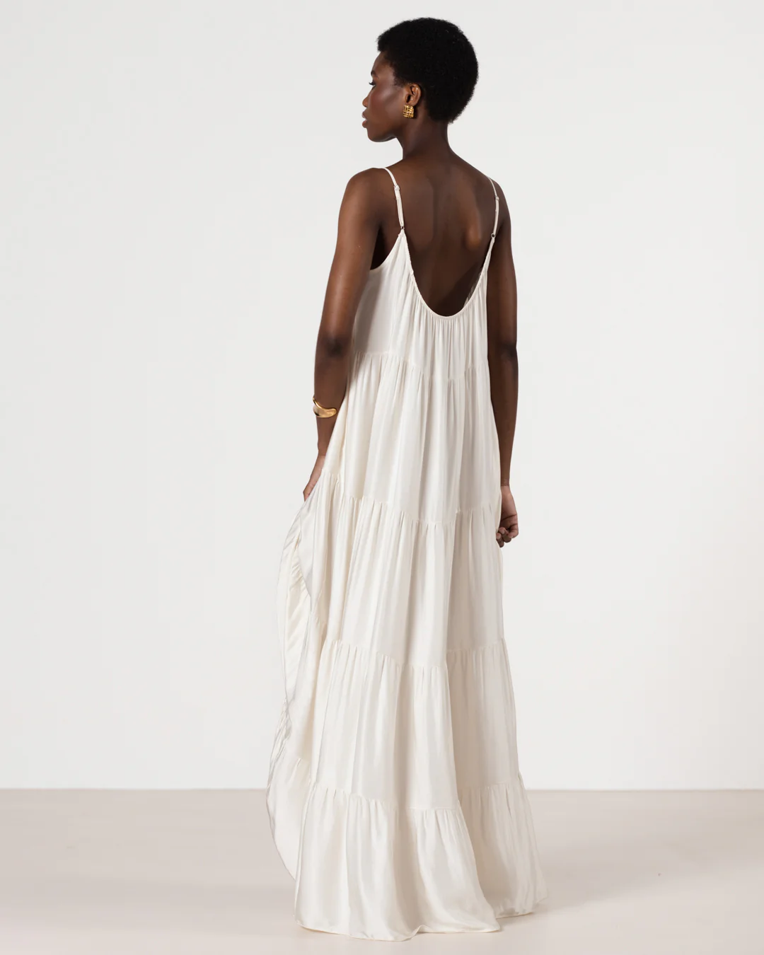 Noelle Strappy Tiered Satin Maxi Dress | Ivory - Image 10
