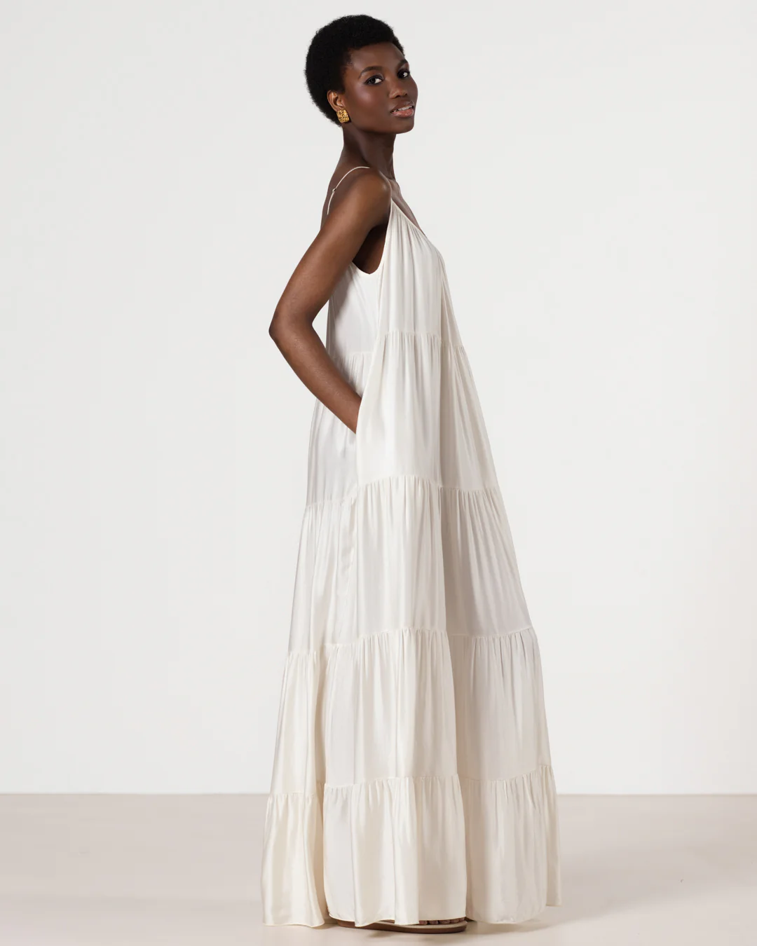 Noelle Strappy Tiered Satin Maxi Dress | Ivory - Image 11