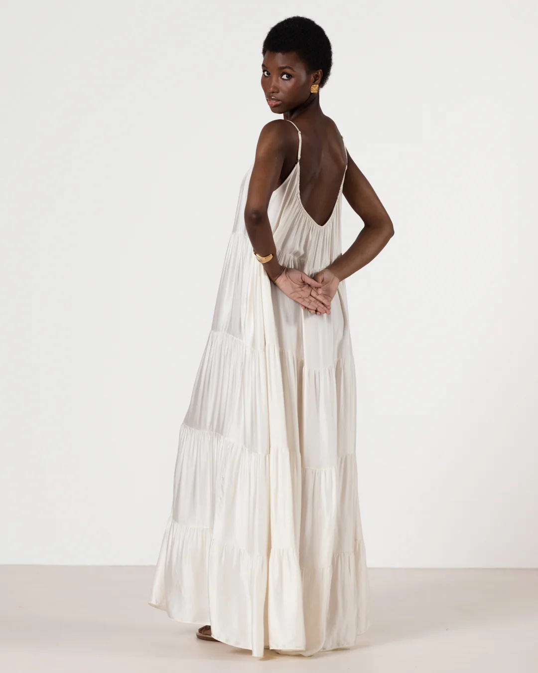 Noelle Strappy Tiered Satin Maxi Dress | Ivory - Image 12