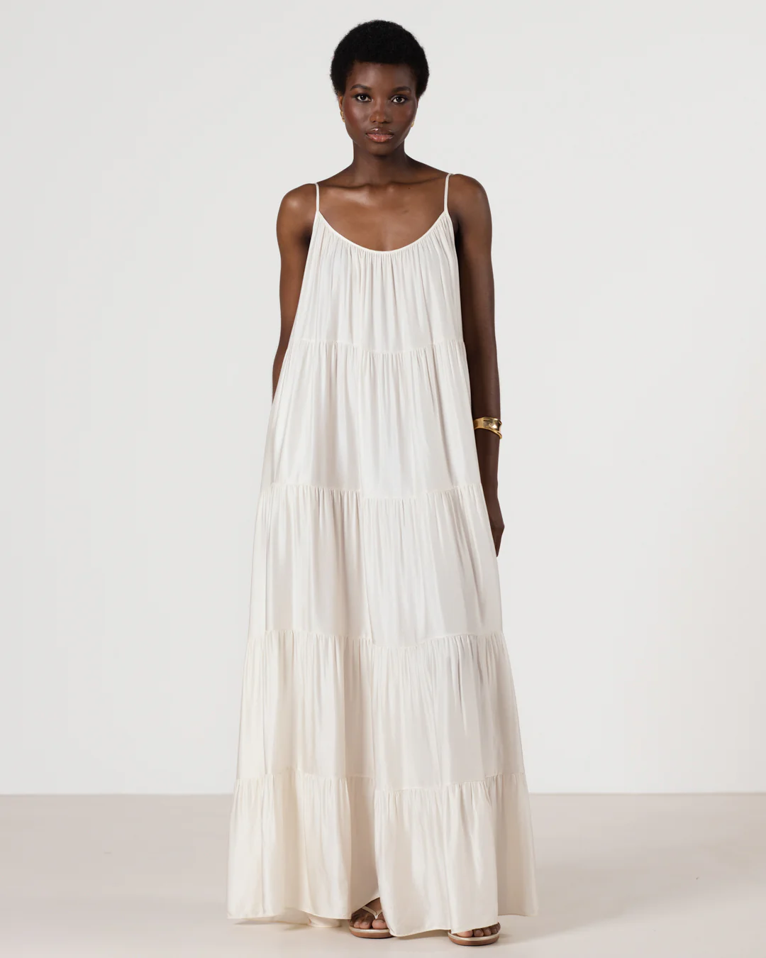 Noelle Strappy Tiered Satin Maxi Dress | Ivory - Image 13