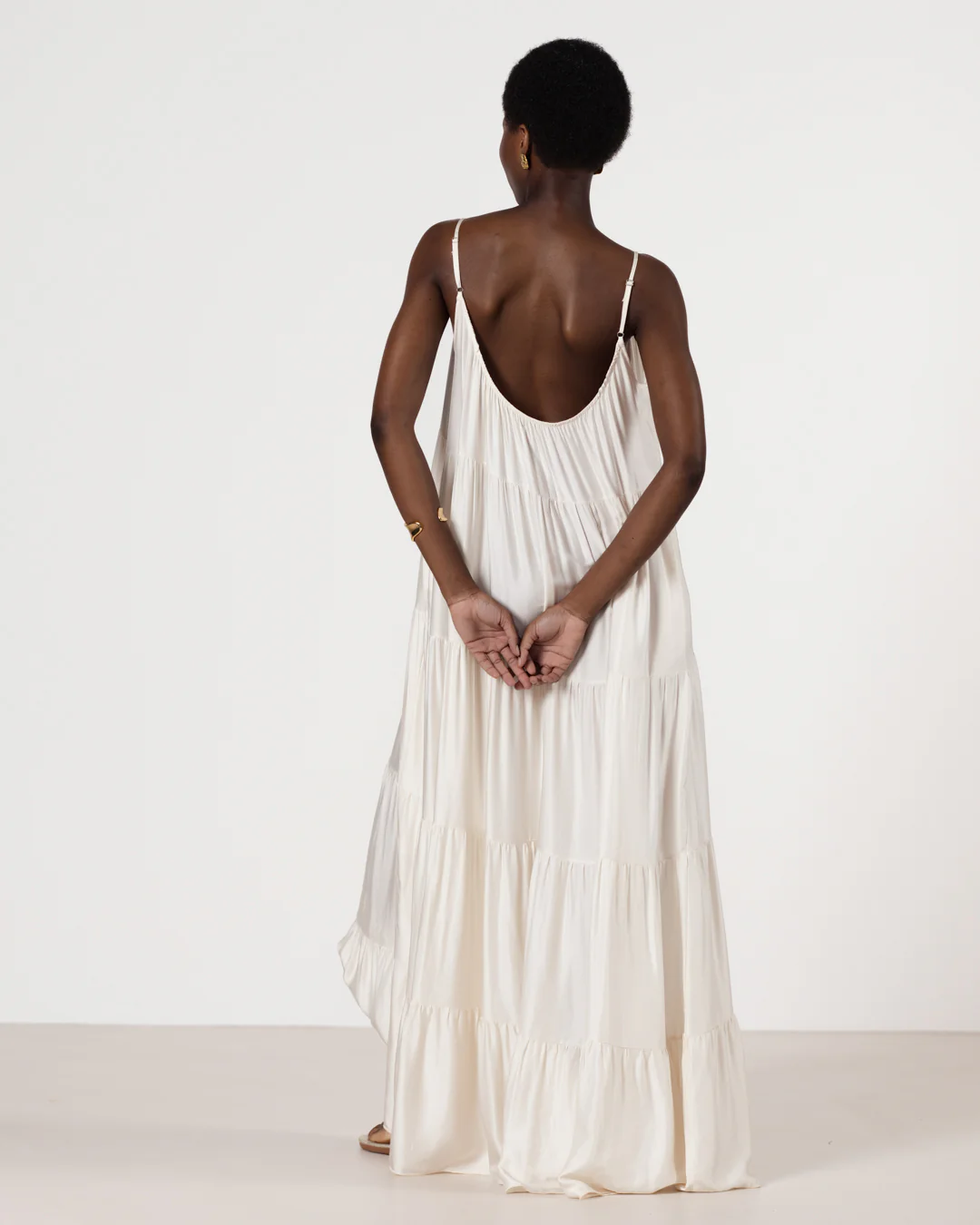 Noelle Strappy Tiered Satin Maxi Dress | Ivory - Image 6