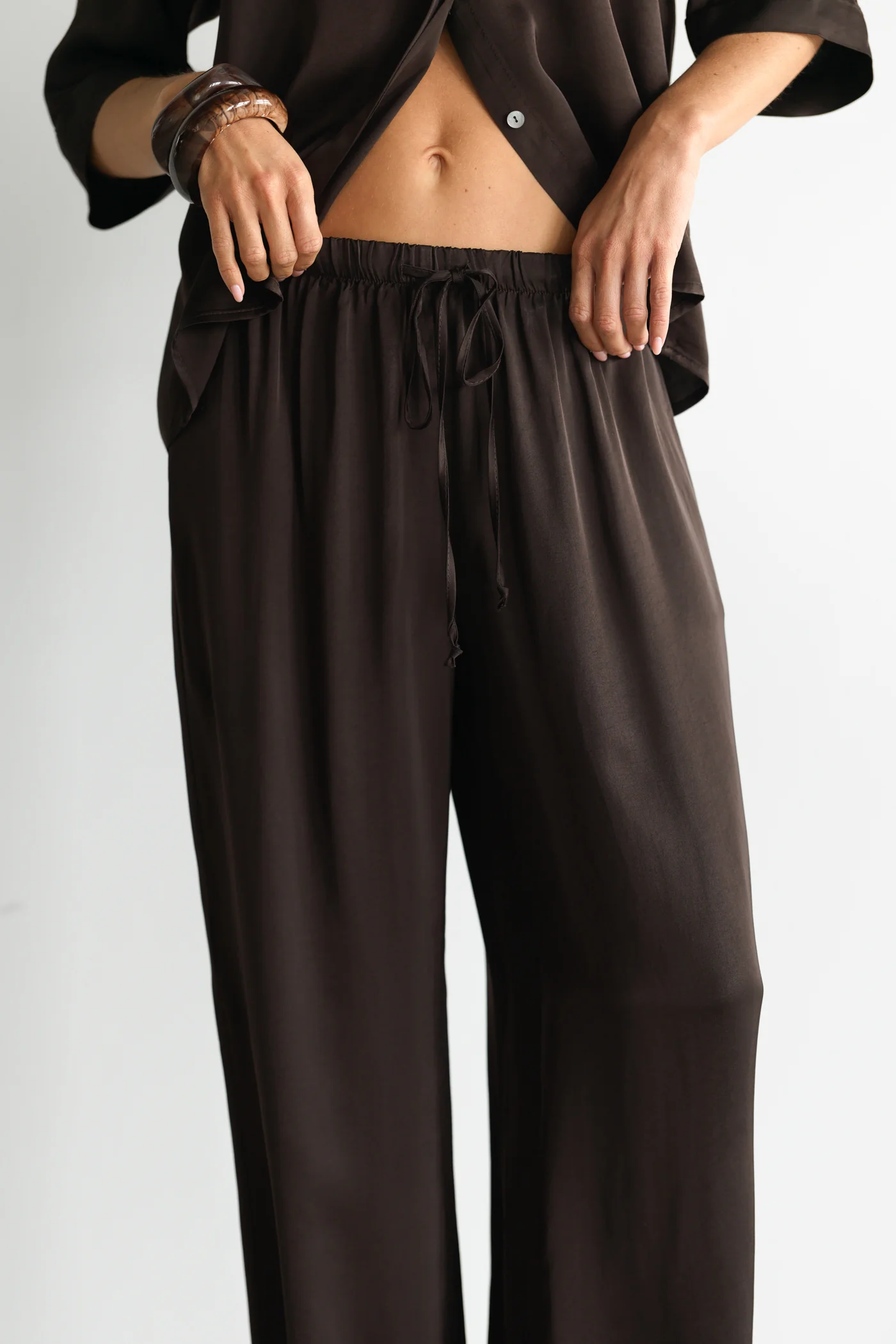 Nora Drawstring Satin Pants | Espresso Brown - Image 2