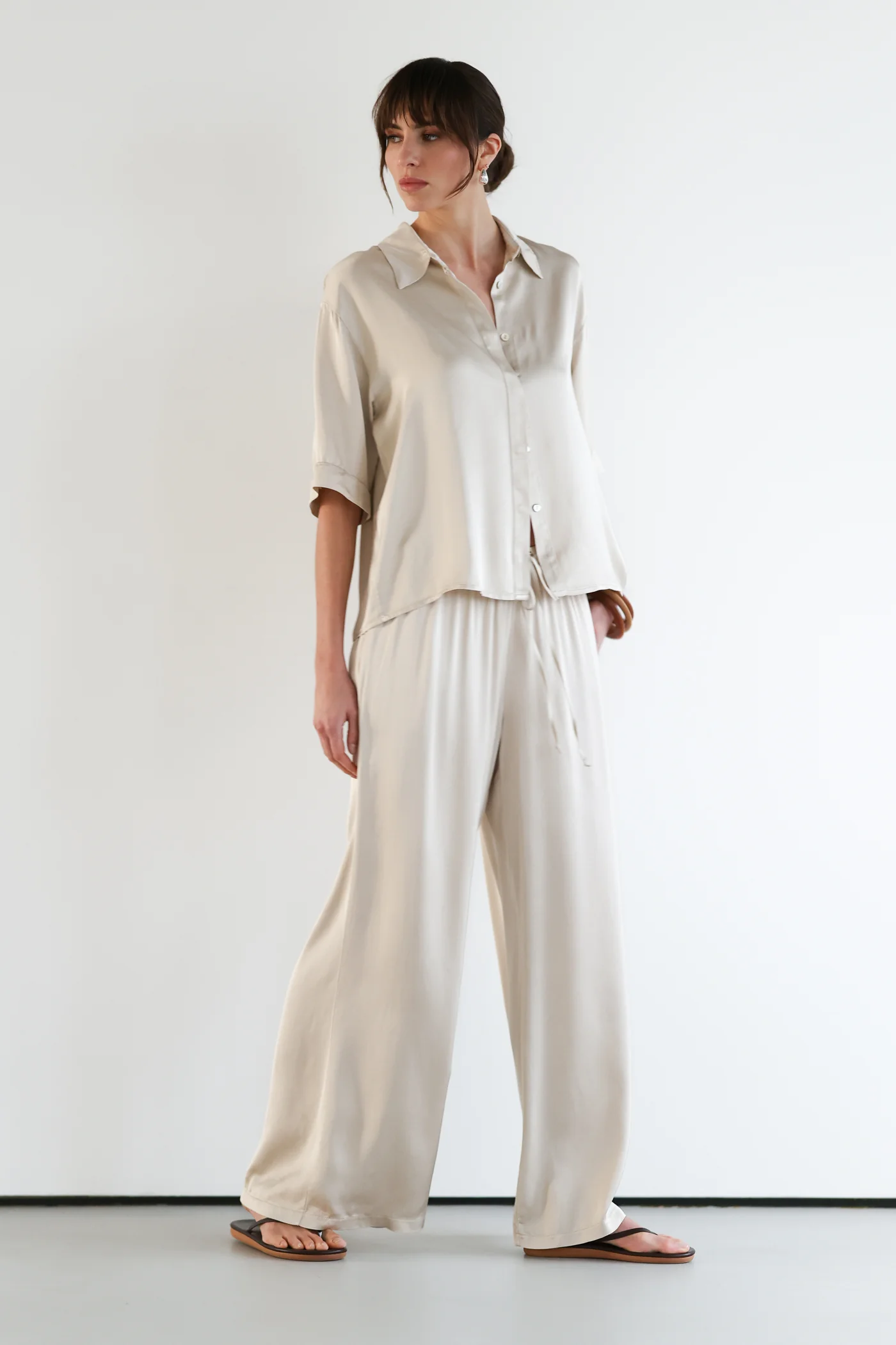 Nora Drawstring Satin Pants | Light Beige
