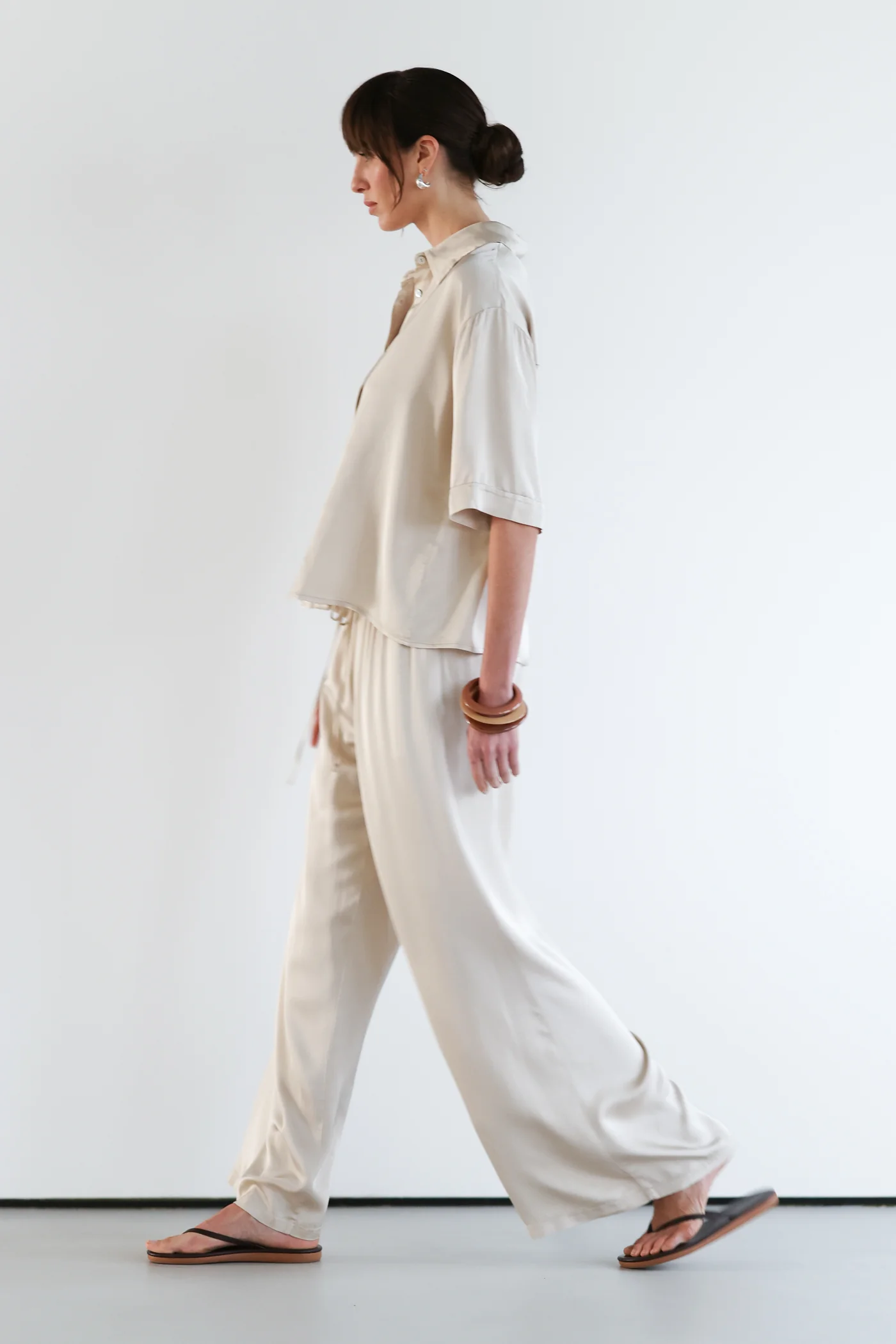 Nora Drawstring Satin Pants | Light Beige - Image 3