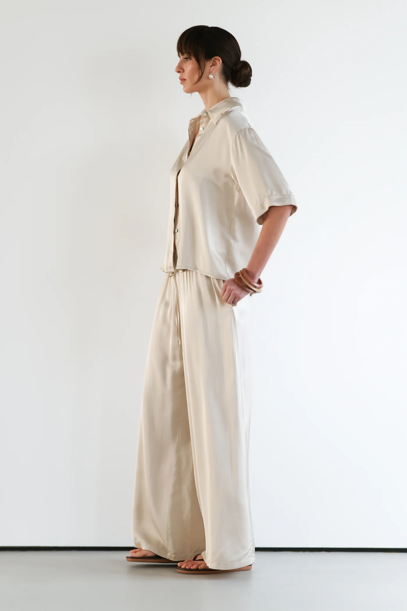 Nora Drawstring Satin Pants | Light Beige - Image 4